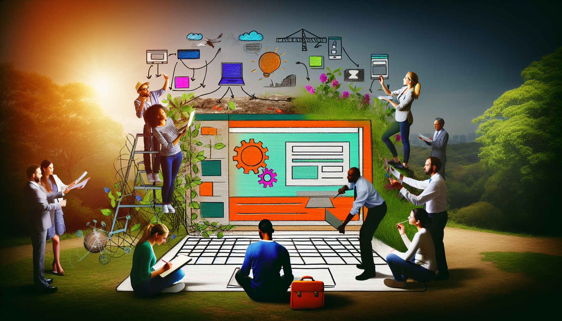 Erstellen Sie ein lebendiges digitales Bild, das Online-Marketing symbolisiert. Dieses Bild sollte verschiedene Elemente aus der E-Commerce-Welt enthalten. Stellen Sie eine Website dar, die von einem vielfältigen Team von Fachleuten erstellt wird. Zeigen Sie einen kaukasischen männlichen Programmierer, der an einem Laptop arbeitet, eine schwarze weibliche Designerin, die ein Logo entwirft, einen mittelöstlichen Projektmanager, der den Prozess überwacht, und einen hispanischen Texter, der Ideen aufschreibt. Achten Sie darauf, dass die Szene ein Gefühl von Zusammenarbeit und Innovation ausstrahlt. Der Hintergrund sollte diese geschäftige Szene mit einer ruhigen, friedlichen Naturlandschaft kontrastieren. Vermitteln Sie die Botschaft, dass Technologie und Natur harmonisch koexistieren können.