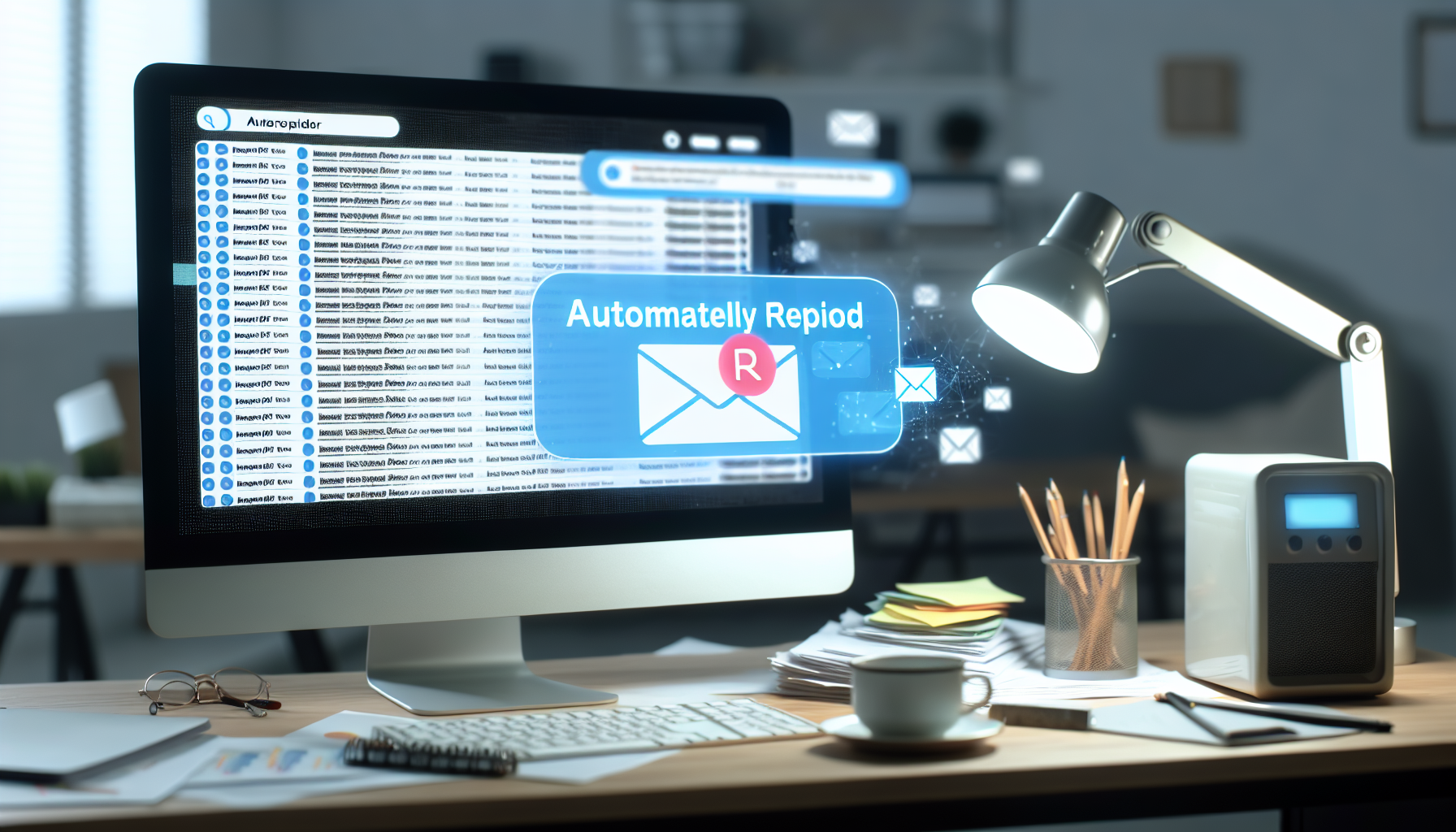 Ein automatisiertes Antwortsystem, auch bekannt als Autoresponder, das auf E-Mails reagiert. Ein Computerbildschirm ist mit verschiedenen eingehenden E-Mail-Nachrichten gefüllt, die jeweils mit einem Absender, einem Betreff und einer kurzen Vorschau gekennzeichnet sind. Eine zentral platzierte E-Mail wird automatisch beantwortet, was durch ein leuchtendes Sendesymbol angezeigt wird. Der umgebende Raum deutet auf ein Büro hin, mit einem Schreibtisch, der mit Papierkram überladen ist, einer Schreibtischlampe und einer Kaffeetasse, in der sich einige Stifte und Bleistifte befinden.