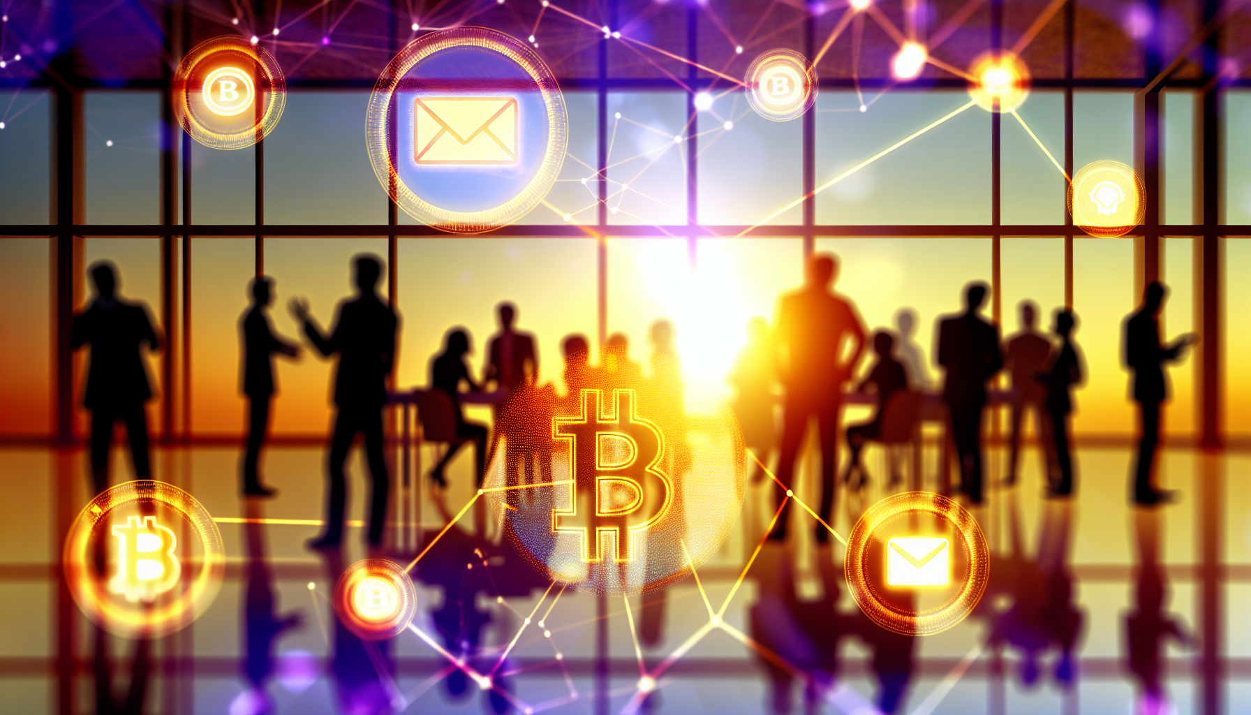 Eine abstrakte und konzeptionelle Darstellung des Geldverdienens über das Internet, die verschiedene Symbole der digitalen Wirtschaft zeigt, wie Bitcoins, Web-Icons und leuchtende E-Mails auf einem Computerbildschirm. Im Hintergrund sind verschwommene Silhouetten multikultureller Menschen unterschiedlichen Geschlechts zu sehen, die in einer lebhaften Brainstorming-Sitzung Ideen austauschen. Die untergehende Sonne ist durch ein großes Fenster zu sehen und wirft ein warmes Licht auf die Szene, das das unbegrenzte Potenzial und die Freiheit beim Online-Geschäft repräsentiert.
