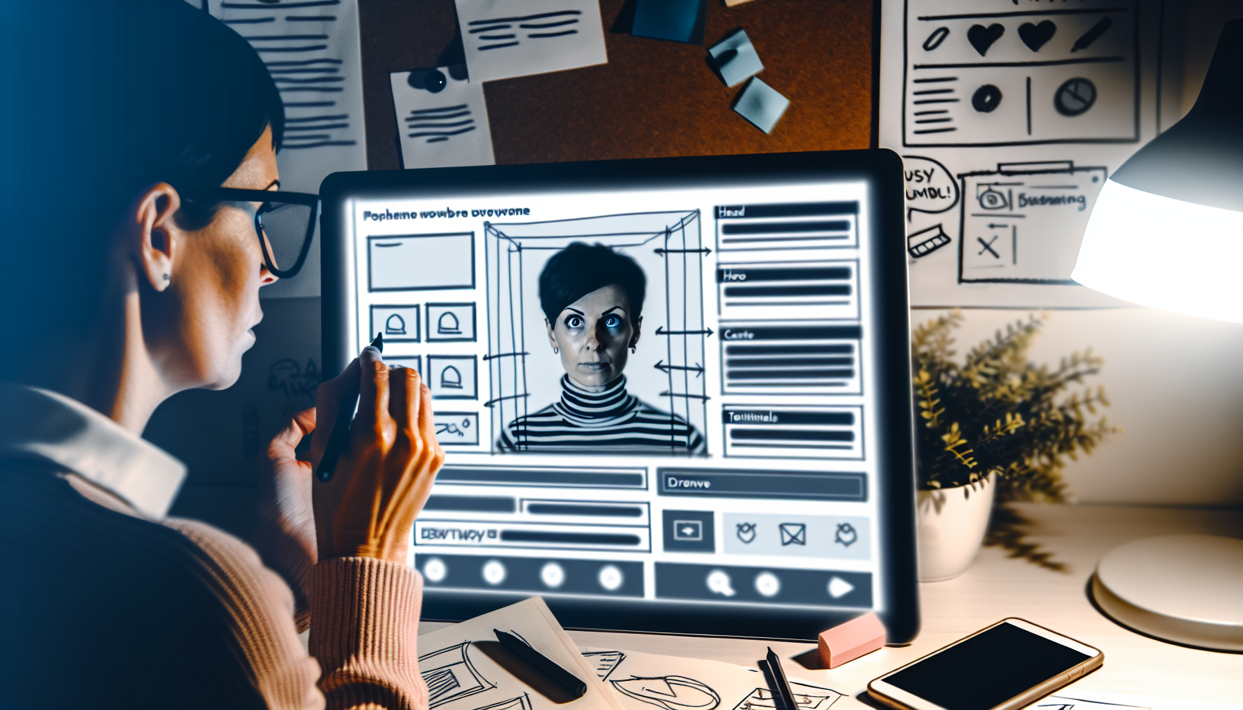 Eine Illustration eines Bildschirms eines elektronischen Geräts, der ein Wireframe einer Website-Startseite zeigt. Zahlreiche Elemente wie ein Header mit einer Navigationsleiste, ein großer Hero-Bereich, Inhaltsblöcke, Testimonials und ein Footer sind vorhanden. Neben dem Bildschirm steht eine kaukasische Designerin mit kurzen schwarzen Haaren, die eine Brille trägt und sich intensiv darauf konzentriert, das Layout mit einem Stylus auf einem digitalen Zeichenpad anzupassen. Um sie herum befinden sich Skizzen und Notizen, eine Tasse Kaffee und eine Lampe, die sanftes Licht spendet. Die Atmosphäre ist eine Mischung aus Arbeit und Kreativität.