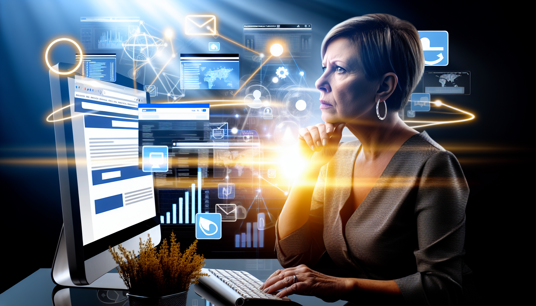 Analysiere ein hochgradig fesselndes digitales Reich, in dem Online-Marketing-Taktiken in vollem Gange sind. Eine mittelalte kaukasische Frau ist im Vollbildmodus an einem Desktop-Computer zu sehen, vertieft in die Ausarbeitung einer ausgeklügelten E-Marketing-Strategie. Um sie herum schweben verschiedene Webseiten-Domains, die ihre verschiedenen Konten signalisieren. Soziale Medien-Icons schweben in der Luft und werfen Licht auf ihr ernstes Gesicht. Screenshots von Online-Datenanalysen mit ansteigenden Grafiken, die Wachstum anzeigen, sind über die Szene verteilt. Sonnenstrahlen dringen in den Raum ein und symbolisieren den Aufbruch des digitalen Marketings.