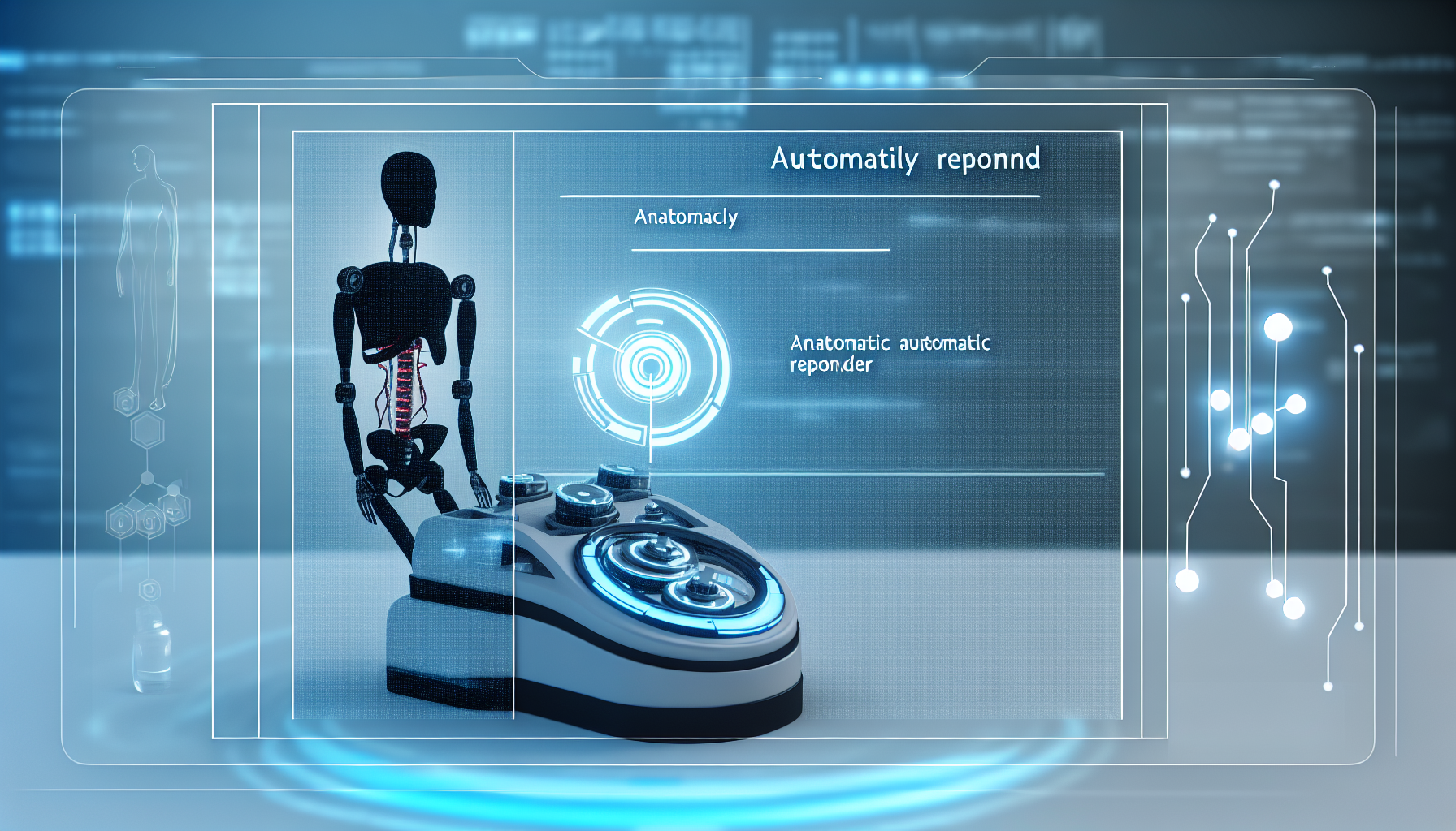 Ein Gerät, möglicherweise eine futuristische Maschine oder ein Roboter, der automatisch auf eine Reihe von eingehenden Daten oder Signalen reagiert. Die anatomischen Komponenten dieses automatisierten Antwortgeräts können unkonventionell sein, da es eine zukünftige Technologie präsentiert. Der Hintergrund könnte möglicherweise ein hochmodernes Labor oder einen Arbeitsplatz darstellen, um das progressive Thema zu verstärken.