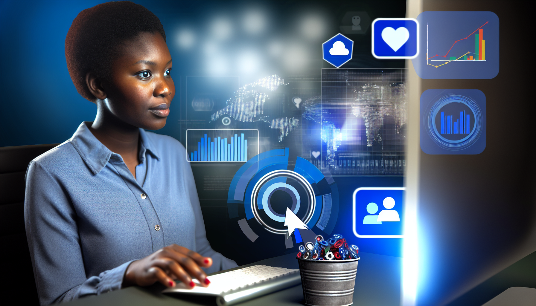 Erstellen Sie ein Bild, das das Konzept des Online-Marketings darstellt. Heben Sie eine afroamerikanische Frau hervor, die hinter einem Computerbildschirm sitzt und mit sozialen Medien interagiert, um ein Produkt zu bewerben. Zeigen Sie außerdem eine Vielzahl von digitalen Analysen wie Grafiken und Diagramme im Hintergrund, um datengestützte Entscheidungen darzustellen. Die Atmosphäre sollte professionell sein, und die Farben, die mit Technologie assoziiert werden, wie Blau- und Grautöne, sollten in dem Bild dominieren.