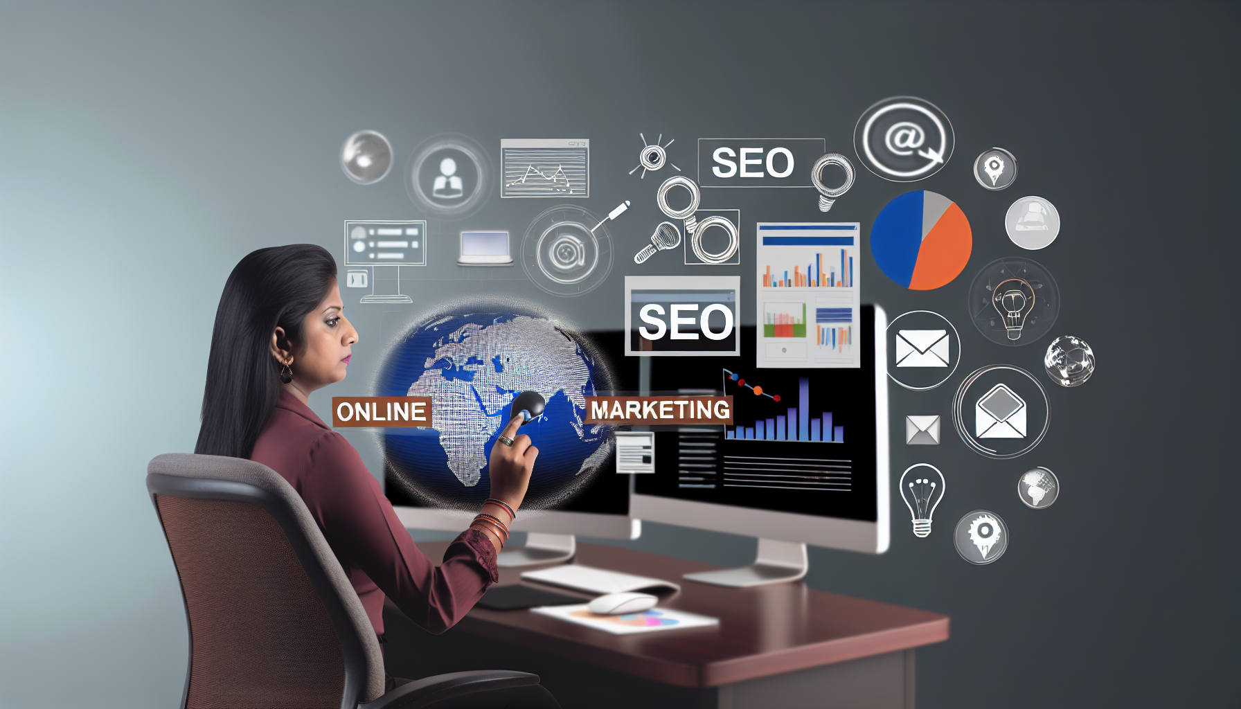 Stellen Sie eine ansprechende Szene dar, die Online-Marketing reprÃ¤sentiert. PortrÃ¤tieren Sie eine sÃ¼dasianische digitale Marketerin, die an ihrem Schreibtisch sitzt, umgeben von mehreren Bildschirmen, die Grafiken und Statistiken anzeigen, wÃ¤hrend ihre Hand auf einer Maus liegt. Sie ist beschÃ¤ftigt damit, eine Marketingkampagne zu optimieren. In einem anderen Teil der Szene zeigen Sie verschiedene Elemente des digitalen Marketings, wie SEO, Social-Media-Icons, Symbole fÃ¼r E-Mail-Marketing usw. Im Hintergrund symbolisiert eine Weltkugel die globale Reichweite des Online-Marketings.
