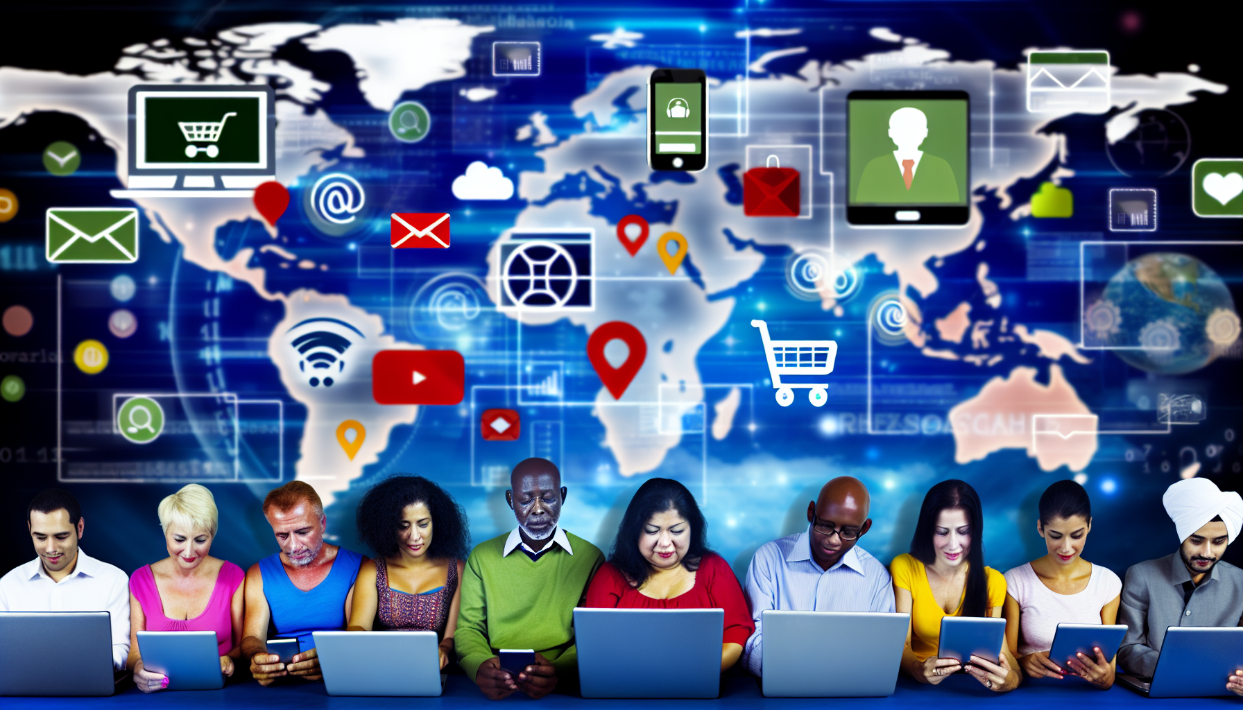 Erstellen Sie ein lebendiges Bild, das Online-Marketing darstellt. Stellen Sie sich eine vielfältige Gruppe von Menschen aus verschiedenen Abstammungen vor, wie Asiaten, Hispanics, Schwarze und Menschen aus dem Nahen Osten, die alle in ihre digitalen Geräte vertieft sind. Die Szene umfasst Laptops, die fesselnde Webseiten anzeigen, Smartphones, die mit ansprechenden Social-Media-Beiträgen vibrieren, und Tablets, die nützliche Marketinganalysen zeigen. Im Hintergrund ist eine digitale Weltkarte zu sehen, die die globale Reichweite symbolisiert. Icons von Einkaufswagen, E-Mails und Suchmaschinen schweben in der Cyberspace-Atmosphäre und zeigen die facettenreiche Natur des Online-Marketings.