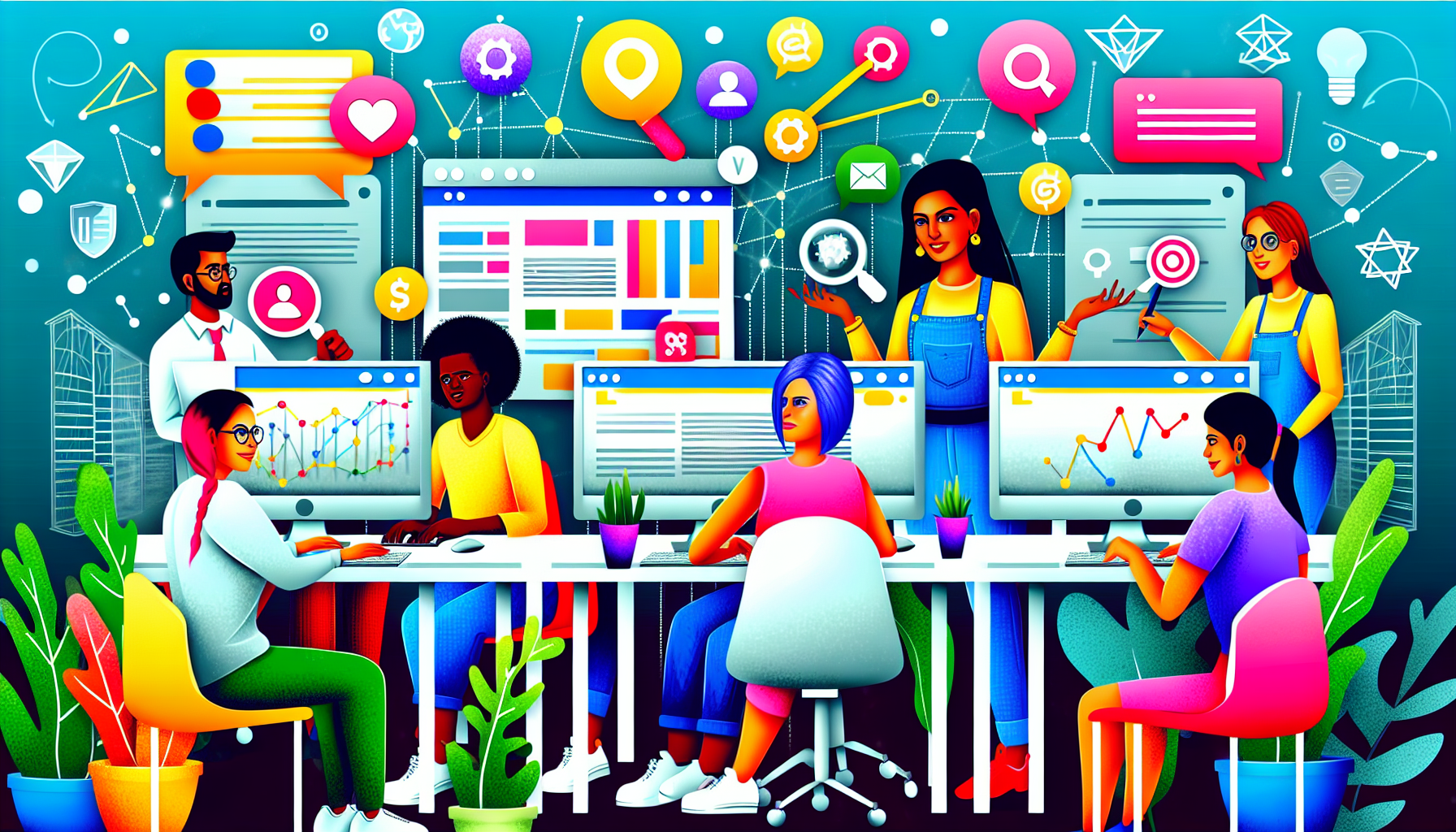 Erstellen Sie eine lebendige und detaillierte Illustration einer Online-Marketing-Szene. Stellen Sie sich einen geschäftigen digitalen Arbeitsplatz vor, an dem mehrere Fachleute gemeinsam an ihren Computern arbeiten. Das Team sollte aus einer mexikanischen Webdesignerin bestehen, die ein farbenfrohes Webseitenlayout analysiert, einem afrikanischen Content Creator, der eingängige Blogbeiträge kuratiert, einem männlichen SEO-Berater aus dem Nahen Osten, der Suchdaten in einem Diagramm überprüft, und einer indischen Social-Media-Managerin, die eine neue virale Kampagne plant. Im Hintergrund sollten verwandte Symbole wie 'Likes', 'Shares', 'Kommentare' und 'Klicks' umherfliegen, um die digitale Atmosphäre zu symbolisieren.