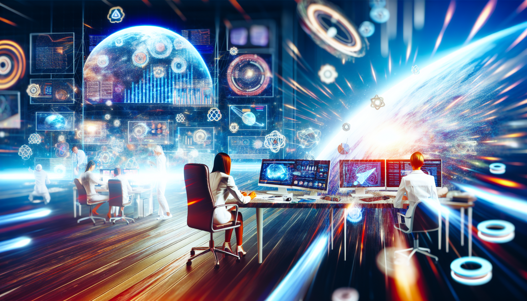Eine komplexe Szene, die die Welt des Online-Marketings zeigt. Im Vordergrund befindet sich ein gut ausgestatteter Schreibtisch mit zahlreichen Bildschirmen, die verschiedene Arten von Datenanalysen anzeigen, darunter Publikumsengagement, SEO-Daten und Interaktionen in sozialen Medien. Eine weiÃŸe Frau und ein schwarzer Mann arbeiten zusammen, um ihre nÃ¤chste digitale Marketingkampagne zu strategisieren, wÃ¤hrend sie Ã¼ber digitale Werkzeuge und Plattformen brainstormen. Im Hintergrund herrscht eine stÃ¤ndige Bewegung, die das schnelle Internet-Geschehen reprÃ¤sentiert, symbolisiert durch LichtstrÃ¶me, die den Datenfluss und die Kommunikation darstellen. Dieses Bild spiegelt das lebendige, komplexe Universum des digitalen Marketings wider.