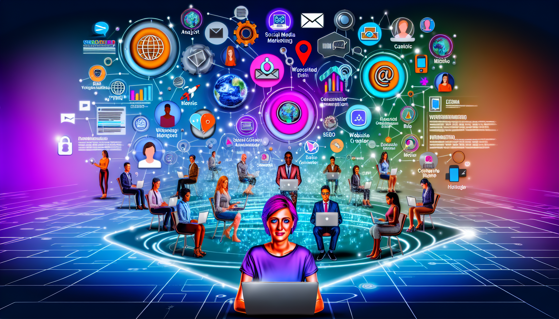Visuelle Darstellung des Online-Marketings, die verschiedene Elemente wie Social-Media-Icons, E-Mails, Suchmaschinen, Webdesign, Content-Erstellung, SEO und Analytik umfasst. Das Bild zeigt eine moderne, digitale Welt mit Netzwerken, vernetzten Geräten und holografischen Bildschirmen. Diverse Personen unterschiedlicher Geschlechter und Herkunft nutzen ihre Geräte, um sich in dieser Online-Landschaft zurechtzufinden. Einige Personen könnten als eine kaukasische weibliche Analystin, ein schwarzer männlicher Marketer, ein hispanischer männlicher Content-Ersteller und eine weibliche Webdesignerin aus dem Nahen Osten dargestellt werden. Alles ist in einem lebendigen, aber professionellen Farbschema gehalten.