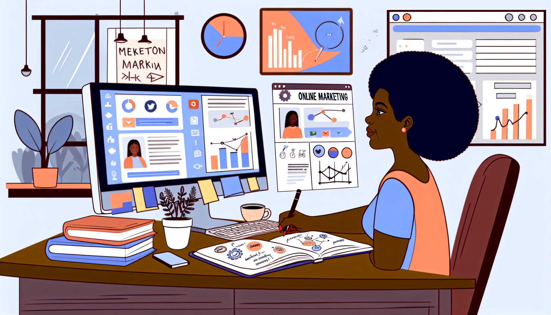 Stellen Sie sich ein Bild vor, das Online-Marketing darstellt. Die Szene zeigt eine schwarze Frau, die an ihrem Computer sitzt und Ideen fÃ¼r eine Marketingkampagne brainstormt. In ihrem Browser sind verschiedene Tabs geÃ¶ffnet, darunter soziale Medien, Analyseberichte und Tools zur Inhaltserstellung. Neben ihr liegt ein offenes Notizbuch mit handgezeichneten Diagrammen und Tabellen. Der Raum um sie herum ist mit BÃ¼chern Ã¼ber digitales Marketing gefÃ¼llt, an der Wand hÃ¤ngt ein inspirierendes Zitat, und auf dem Schreibtisch steht eine Tasse Kaffee. Die gesamte AtmosphÃ¤re ist dynamisch, innovativ und professionell.
