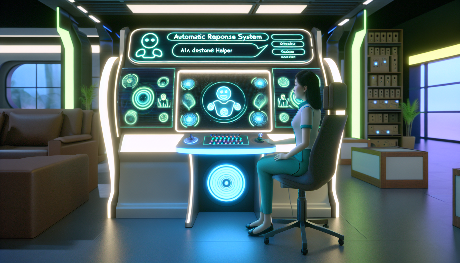 Eine animierte Szene eines automatischen Antwortsystems. Das Herzstück des Bildes ist ein elegantes, futuristisches Computerkonsole mit neonbeleuchteten Tasten und einem holografischen Display, das mehrere Dialoge mit Hilfs-AIs zeigt. Vor der Konsole sitzt eine Bedienerin - eine asiatische Frau in ihren Dreißigern, die eine Uniform eines Technologieunternehmens trägt. Die Umgebung ist eine Mischung aus High-Tech und Gemütlichkeit, mit modernen Geräten, die sich mit bequemen Stühlen und Pflanzen abwechseln, was ein Gleichgewicht zwischen Technologie und menschlichem Komfort suggeriert. Die Beleuchtung ist sanft und verleiht der gesamten Szene ein ruhiges, aber dynamisches Gefühl.