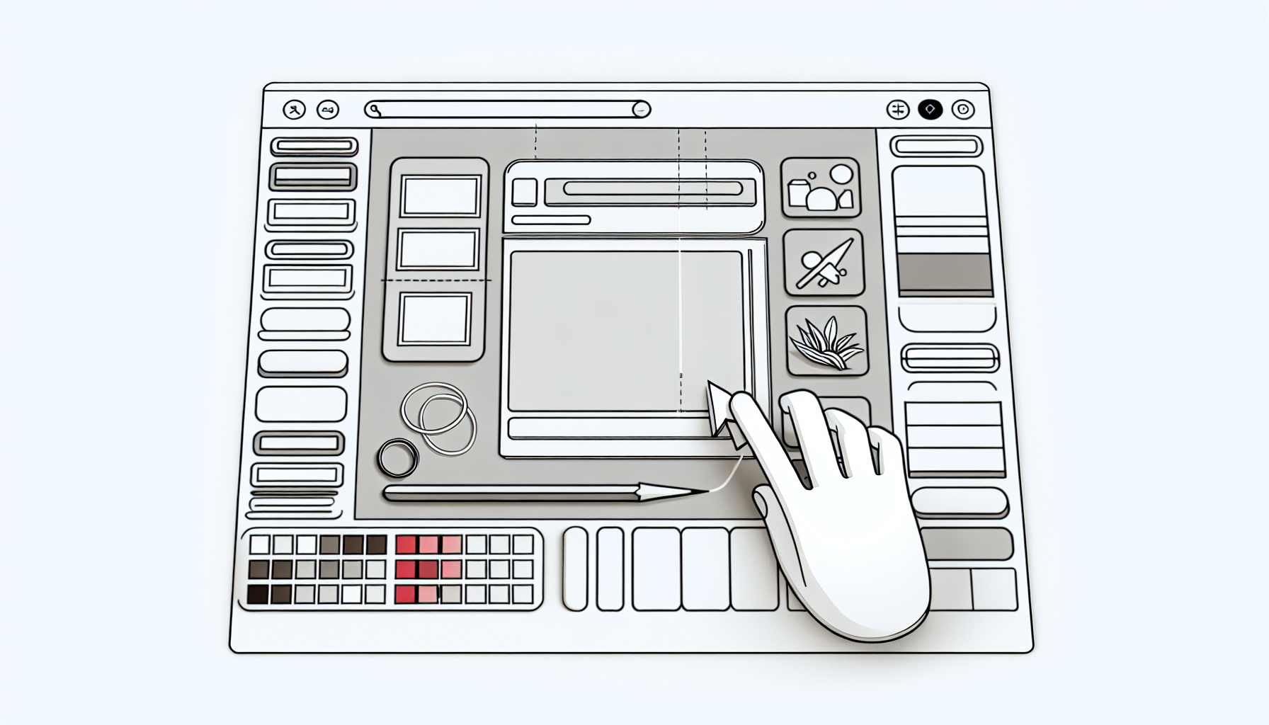 Eine detaillierte Illustration einer modernen Landing Page Builder-Oberfläche in einem sauberen, minimalistischen Design. Sie sollte einen offenen Arbeitsbereich in der Mitte zeigen, umgeben von Werkzeugleisten und Panels auf beiden Seiten, die mit verschiedenen Designoptionen wie Schriftarten, Farben, Formen und Bildern gefüllt sind. Ein Beispiel für eine unfertige Landing Page mit einem Header, einem Body und einem Footer sollte im Arbeitsbereich angezeigt werden. Die Darstellung sollte auch einen Mauszeiger enthalten, der gerade dabei ist, ein Element aus einer der Werkzeugleisten in den Arbeitsbereich zu ziehen und abzulegen.