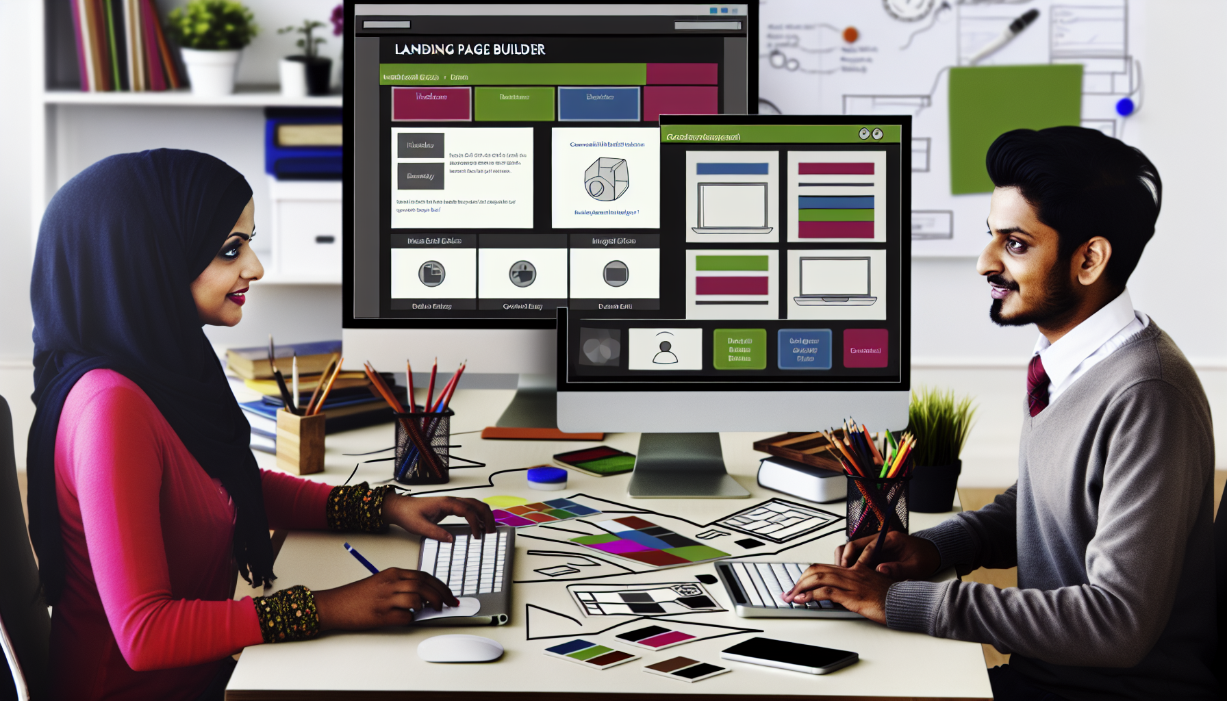 Erstellen Sie ein Bild einer weborientierten Designplattform, bekannt als 'Landing Page Builder'. Dieses fortschrittliche digitale Werkzeug verfügt über mehrere intuitive Abschnitte, die als Module im Layout dargestellt sind. Diese Abschnitte umfassen anpassbare Elemente wie Kopfzeilen, Fußzeilen, Navigationsleisten, Bildkarussells und Handlungsaufforderungsschaltflächen. Um Vielfalt zu veranschaulichen, zeigen Sie zwei Designer bei der Arbeit - eine weibliche Designerin aus dem Nahen Osten und einen männlichen Designer aus Südasien, die den Landing Page Builder auf ihren Computerbildschirmen verwenden. Ihr Arbeitsplatz ist modern, gut beleuchtet und mit kreativen Werkzeugen wie Skizzen, Farbmuster und digitalen Tablets ausgestattet.