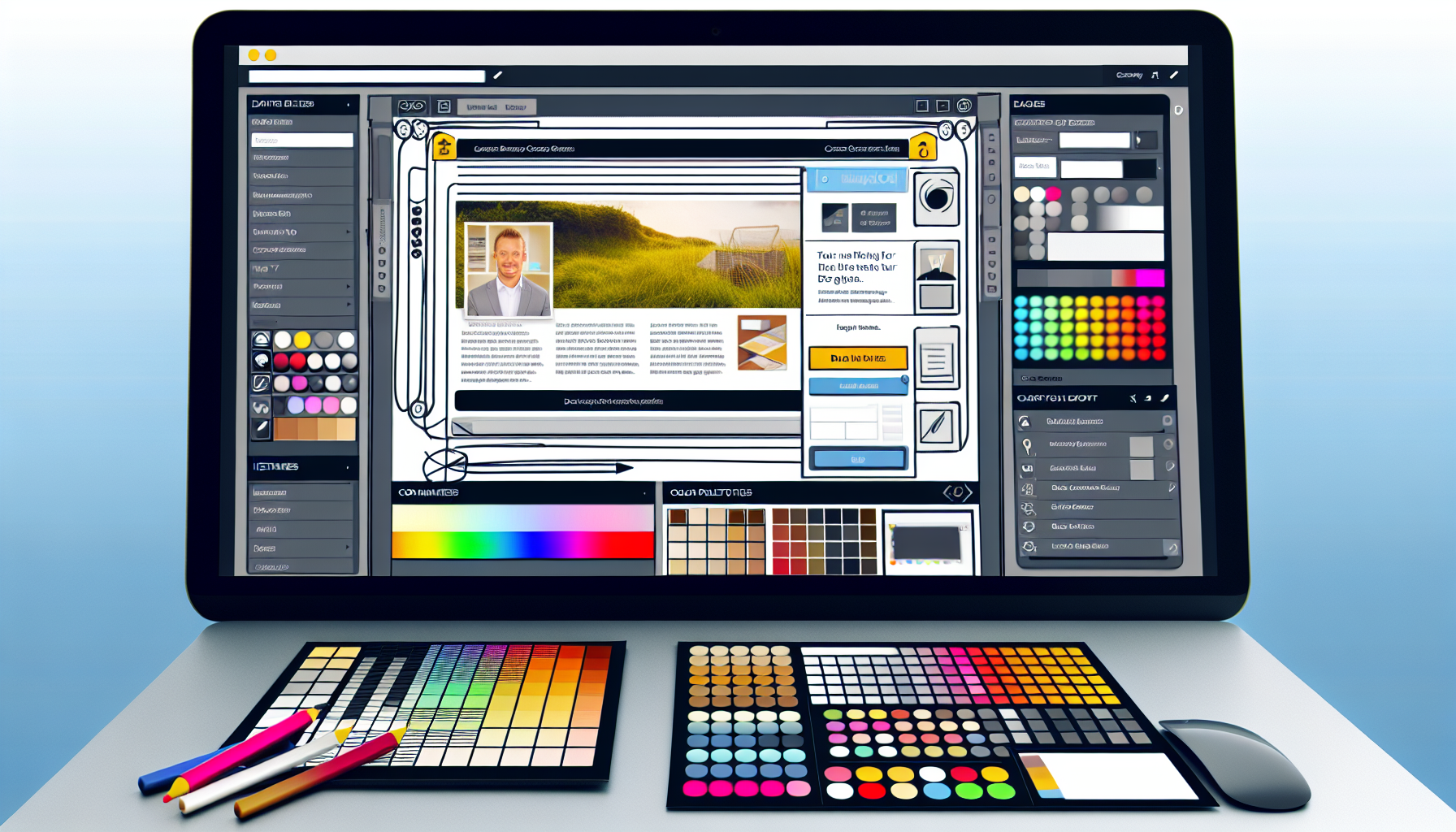 Stellen Sie sich eine kunstvoll gestaltete Softwareoberfläche vor, die einen Landing-Page-Builder enthält. Der Bildschirm ist mit zahlreichen Erstellungstools gefüllt, wie z.B. Drag-and-Drop-Elementen, Farbauswahlpaletten und Schriftstiloptionen. In der Mitte des Bildschirms ist eine Vorlage für die Landing Page einer Website geöffnet, mit Bereichen für Überschriften, Bilder und Handlungsaufforderungsschaltflächen. Die Landing Page strahlt eine professionelle Aura aus, mit einem klaren Design, perfekter Ausrichtung und einem harmonischen Farbschema. Auf einer Seite des Bildschirms befindet sich ein Panel mit einer Vielzahl von Seitenelementen, die in das Layout gezogen und abgelegt werden können.