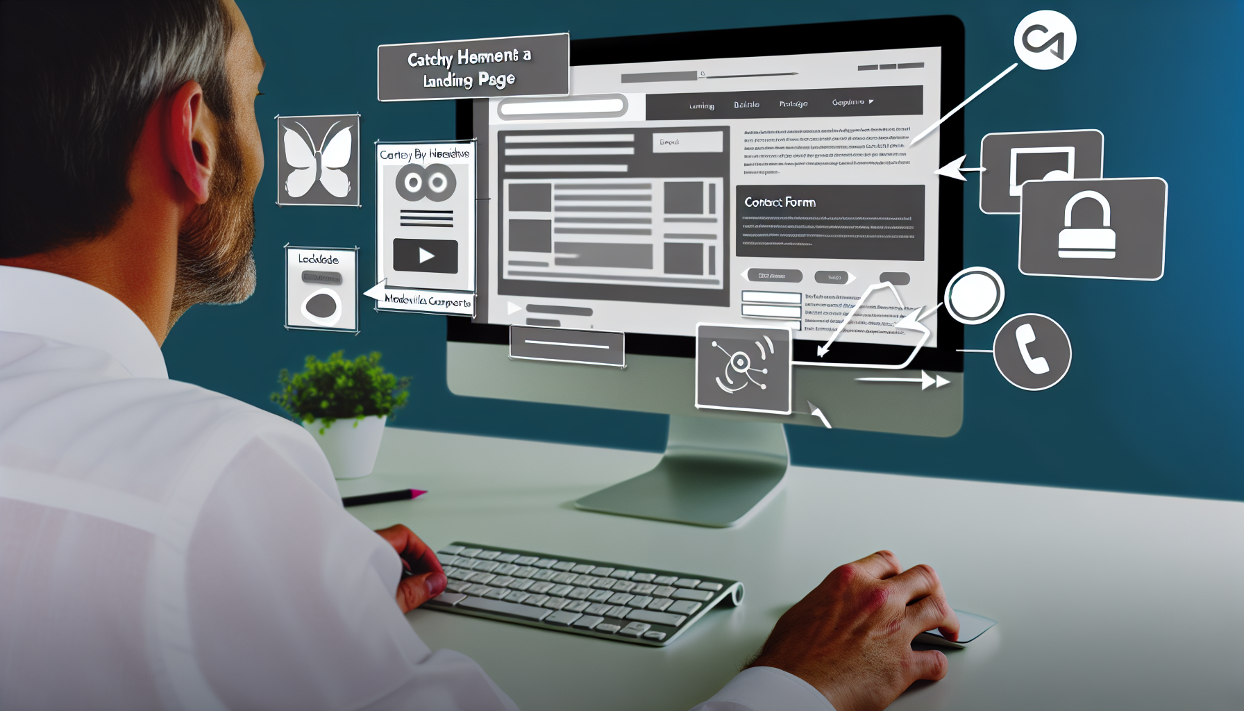 Ein Bild, das einen digitalen Landing-Page-Builder darstellt. Es sollte einen Computerbildschirm zeigen, auf dem verschiedene Elemente zu sehen sind, die häufig auf Landing-Pages vorkommen, wie eingängige Überschriften, multimediale Komponenten, Kontaktformulare und Call-to-Action-Buttons, sowie mögliche Platzierungsbereiche. An der Seite sollte eine Builder-Toolbox dargestellt sein, die als Drag-and-Drop-Oberfläche mit Symbolen dieser Elemente angezeigt wird. Ein Designer, ein Mann mit mittlerer orientalischer Abstammung, sollte teilweise sichtbar sein und an dieser Landing-Page arbeiten. Die Atmosphäre des Bildes sollte aktiv und kreativ sein.