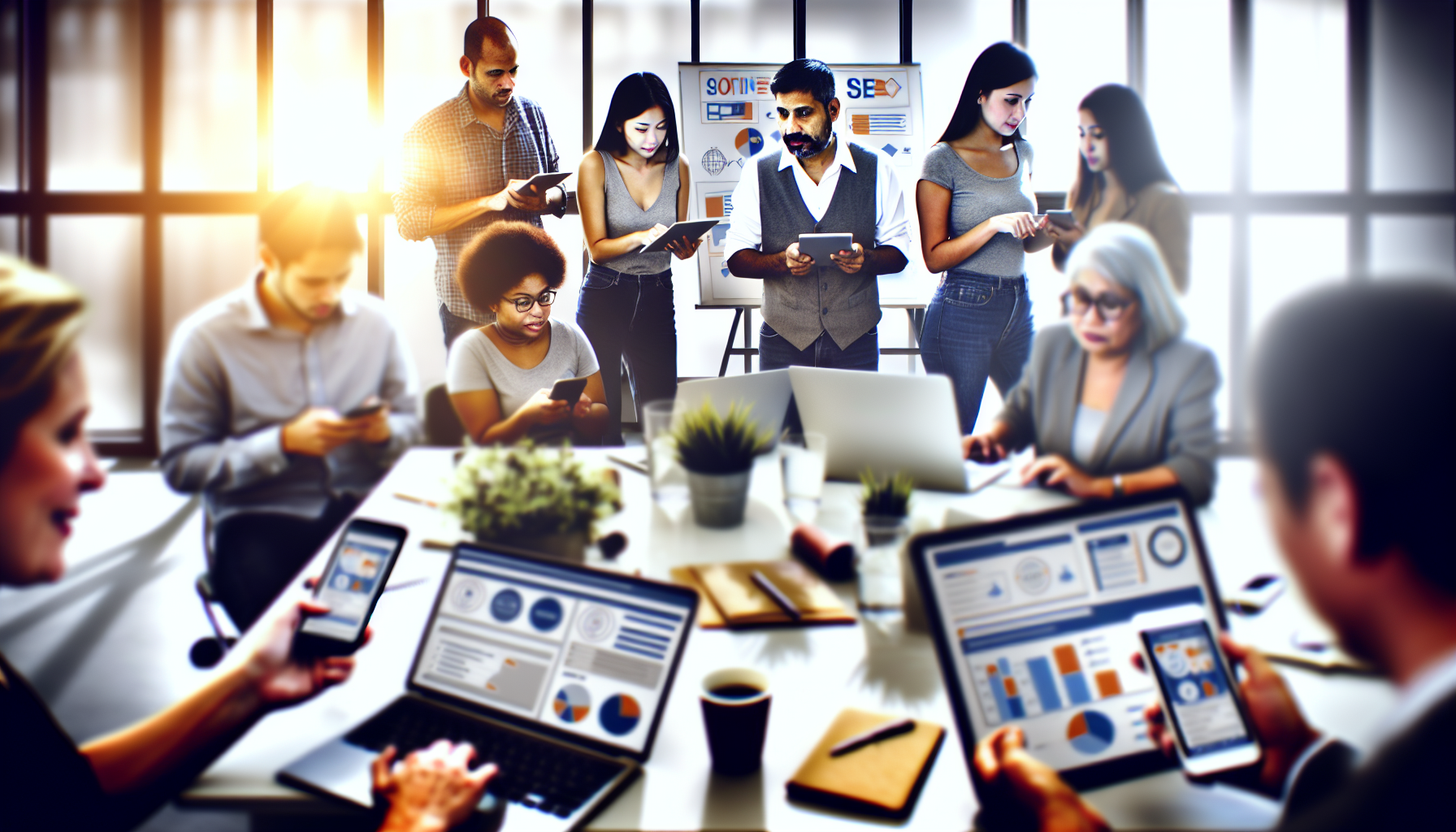 Stellen Sie sich eine lebhafte Online-Marketing-Szene vor. Eine vielfältige Gruppe von Marketingfachleuten arbeitet zusammen und nutzt verschiedene Geräte – Laptops, Mobiltelefone, Tablets. Die Szene spielt sich in einem modernen Büro ab, in das Sonnenlicht durch die großen Fenster strömt. Im Vordergrund analysiert eine kaukasische Frau eine digitale Marketingkampagne an ihrem Laptop, während ein Mann aus dem Nahen Osten mit seinem Tablet in der Hand über die Social-Media-Strategie diskutiert. In der Zwischenzeit interagiert eine schwarze Frau mit einem südasiatischen Mann, beide konzentriert auf ihre Mobiltelefone und besprechen SEO-Taktiken. Diagramme und Grafiken, die Daten anzeigen, sind im ganzen Raum verteilt.