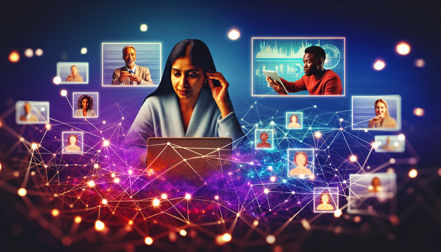 Stellen Sie sich ein fesselndes Online-Marketing-Szenario vor. Visualisieren Sie die weitreichende Vernetzung des Internets mit miteinander verbundenen, leuchtenden Linien. In der Mitte des Bildes sitzt eine südasiatische Frau in ihren 30ern, die sorgfältig eine digitale Strategie auf ihrem Laptop plant. Sie ist umgeben von schwebenden, transparenten Bildschirmen, die verschiedene Datenanalysen und Social-Media-Feeds anzeigen. Neben ihr ist ein afrikanischer Mann mit einem entschlossenen Blick, der an einer Videokonferenz auf seinem Tablet teilnimmt. Fügen Sie lebendige Farben hinzu, um die digitale Landschaft zu visualisieren und eine äußerst ansprechende und dynamische Umgebung zu schaffen.