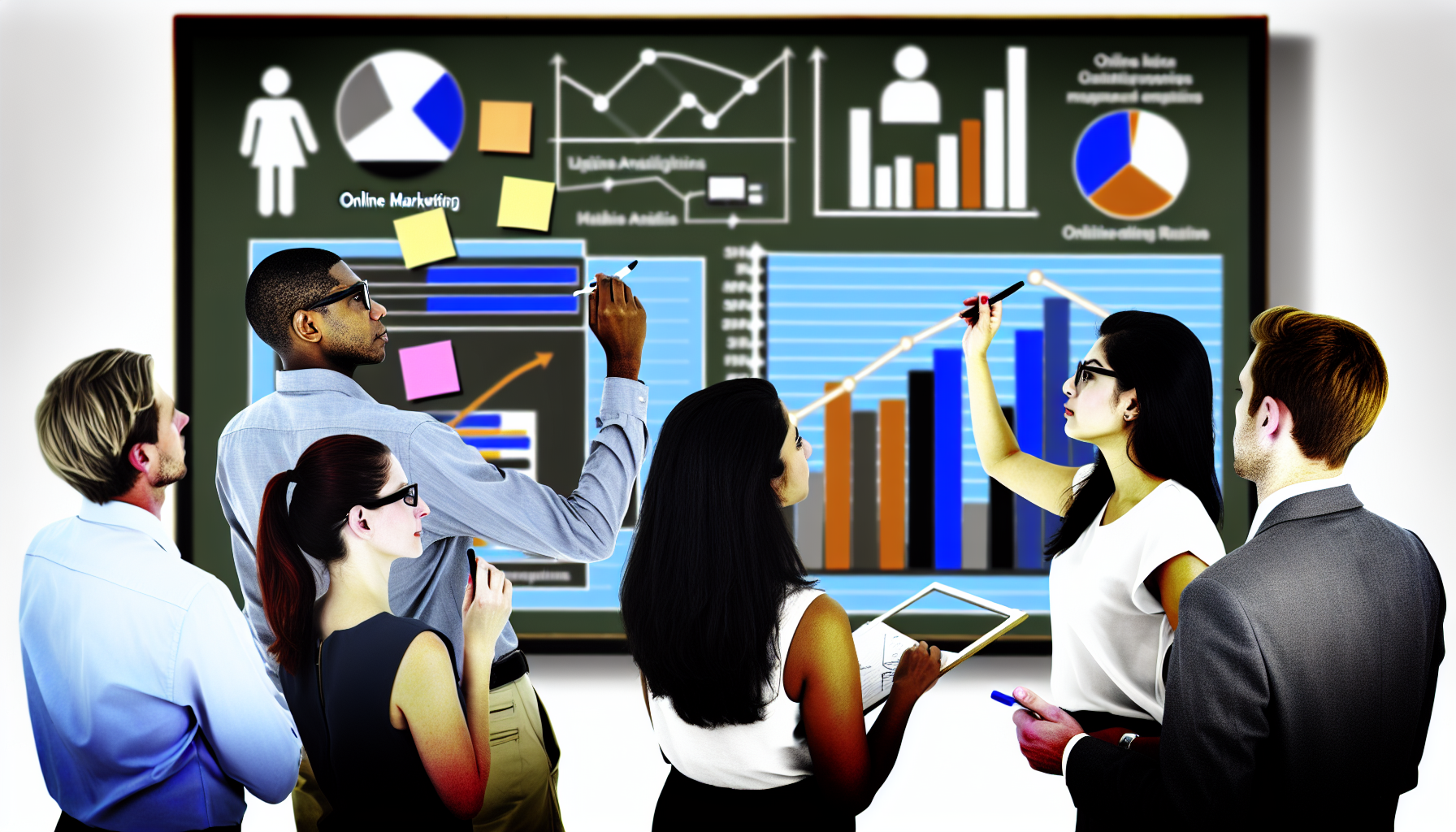 Erstellen Sie ein hochdetailliertes Bild, das Online-Marketing repräsentiert. Das Bild sollte eine vielfältige Gruppe von Menschen zeigen, darunter einen kaukasischen Mann, eine hispanische Frau, einen schwarzen Mann und eine weibliche Person mit mittlerer Herkunft, die alle in Business-Casual-Kleidung gekleidet sind. Sie arbeiten gemeinsam an einem großen Bildschirm, der verschiedene Datenanalysen zeigt. Auf dem Bildschirm sind Elemente wie Balkendiagramme, Tortendiagramme und Liniendiagramme zu sehen, die Trends im Online-Konsumentenverhalten darstellen. Das Team brainstormt Ideen für Kampagnen, hat Haftnotizen und Stifte in der Hand und füllt ein Whiteboard mit Strategien zur Verbesserung der digitalen Reichweite.