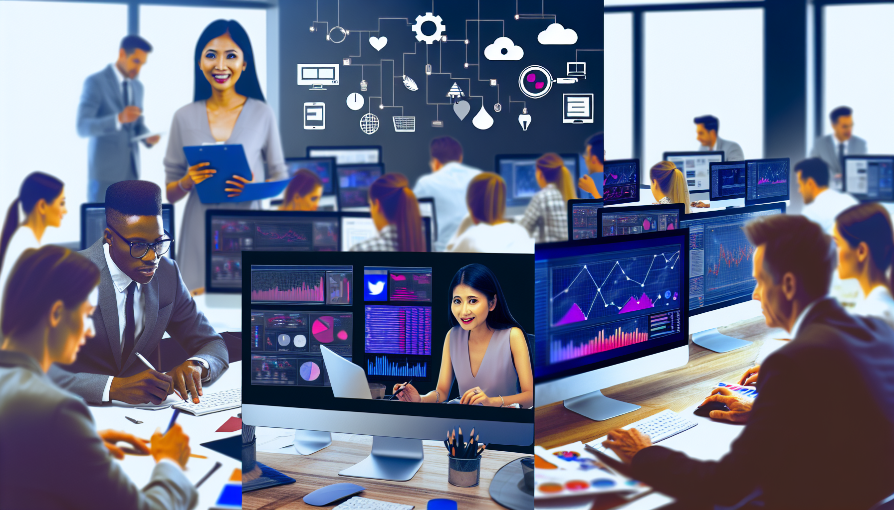 Stellen Sie sich eine geschÃ¤ftige Szene im Bereich Online-Marketing vor. Im Mittelpunkt steht eine weibliche sÃ¼dasiatische Digital-Marketing-Strategin, die sorgfÃ¤ltig eine Reihe komplexer Daten auf mehreren Computerbildschirmen analysiert. In einer anderen Ecke erstellt ein schwarzer mÃ¤nnlicher Webdesigner ansprechende Grafiken fÃ¼r eine Kampagne. SchlieÃŸlich ist ein weiÃŸer mÃ¤nnlicher Texter damit beschÃ¤ftigt, Ã¼berzeugende Marketingtexte zu verfassen. Die AtmosphÃ¤re im Raum ist voller Energie, und jeder ist tief in seine Arbeit vertieft. Digitale Werkzeuge und Logos sozialer Medien deuten subtil auf die Online-Natur ihrer Arbeit hin.