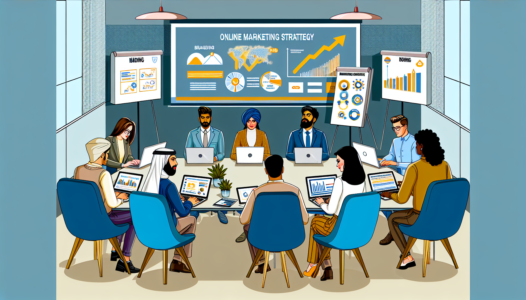 Stellen Sie sich eine detaillierte Szene einer Online-Marketing-Strategie vor. Eine vielfÃ¤ltige Gruppe von Fachleuten sitzt um einen Konferenztisch in einem hellen, modernen BÃ¼ro. An dem Tisch befinden sich ein sÃ¼dasianischer Mann, eine nahÃ¶stliche Frau, ein weiÃŸer Mann und eine schwarze Frau. Alle sind voll in ihre Arbeit vertieft, mit geÃ¶ffneten Laptops, auf denen Grafiken und Statistiken angezeigt werden. nAn einer groÃŸen Projektionsleinwand sind wunderschÃ¶n gestaltete Infografiken zu sehen, die ein stetiges Wachstum und Diagramme darstellen. Auf dem Tisch liegen einige Branding-Konzeptzeichnungen sowie strategisch platzierte Werbematerialien. Jeder der Anwesenden zeigt tiefe Konzentration und aktive Teilnahme, was den kollaborativen Aspekt der Szene unterstreicht. nDie AtmosphÃ¤re ist dynamisch und inspirierend, mit einem GefÃ¼hl von Teamarbeit und KreativitÃ¤t, wÃ¤hrend die Gruppe gemeinsam an ihrer Marketingstrategie arbeitet.