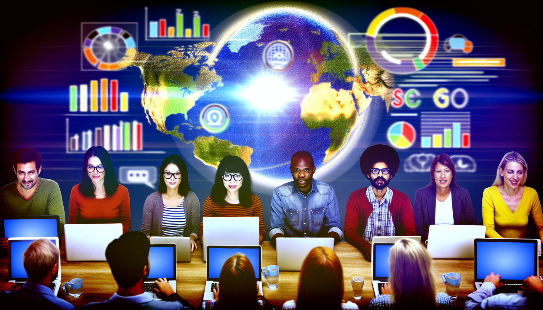 Stellen Sie sich ein Szenario im Online-Marketing vor. Eine vielfältige Gruppe von Menschen sitzt um einen Tisch: eine Frau aus dem Nahen Osten, ein kaukasischer Mann, eine schwarze Frau und ein südasiatischer Mann. Jeder von ihnen hat einen Laptop vor sich geöffnet, auf dem Grafiken, Diagramme und Zahlen leuchten, die verschiedene Aspekte des digitalen Marketings darstellen, wie SEO, Content-Marketing, Social Media und E-Mail-Marketing. In der Mitte des Tisches befindet sich ein holographischer Globus, der die globale Reichweite ihrer Marketingstrategien zeigt und ihre Gesichter in einem bunten Lichtspiel erleuchtet.