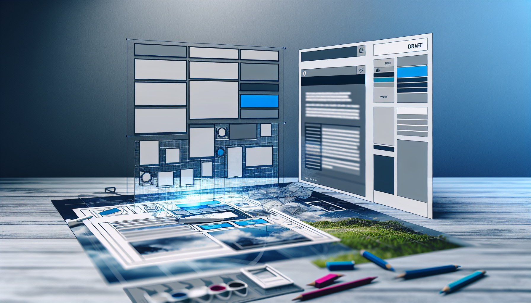 Stellen Sie sich ein komplexes, hochinteraktives digitales Tool vor. Dies ist ein Landing-Page-Builder, der eine moderne Ästhetik ausdrückt. Er verfügt über eine schlanke, intuitive Benutzeroberfläche in Blau- und Grautönen. Das Design spiegelt ein rasterbasiertes Layout wider, in dem verschiedene Medienelemente wie Textfelder, Bilder und Call-to-Action-Buttons klar angezeigt werden. Die Seitenleiste zeigt verschiedene Anpassungsoptionen, die nach Kategorien gruppiert sind. Im Arbeitsbereich entsteht ein Entwurf einer digitalen Landing-Page, eine Mischung aus Text, Bildern und interaktiven Elementen, die harmonisch angeordnet sind. Entwürfe können gespeichert, exportiert oder direkt aus dem Arbeitsbereich veröffentlicht werden.