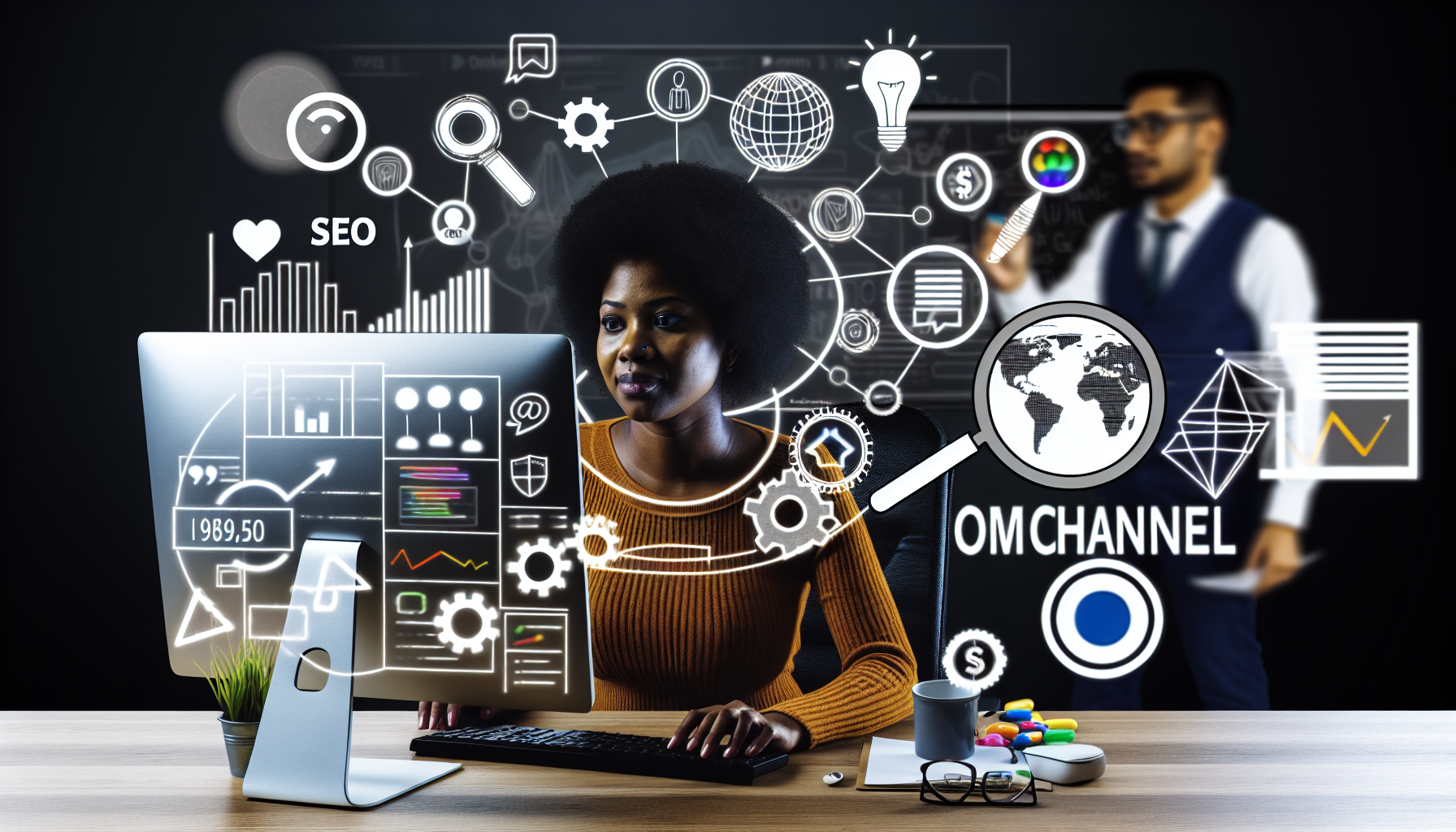 Erstellen Sie ein umfassendes Bild, das das Konzept des Online-Marketings darstellt. Illustrieren Sie eine schwarze Frau an einem Desktop-Computer, die dabei ist, eine digitale Marketingstrategie zu entwickeln und umzusetzen. Ihr Bildschirm zeigt analytische Grafiken und soziale Medienplattformen, und sie interagiert mit einem Omni-Channel-Marketing-Dashboard. Um sie herum schweben auch SEO-bezogene Symbole, wie eine Lupe, ein Globus und ZahnrÃ¤der. Im Hintergrund ist ein sÃ¼dasianischer Mann zu sehen, der kreative Ideen auf einem Whiteboard brainstormt, mit Pfeilen, GlÃ¼hbirnen und skizzierten Social-Media-Logos.