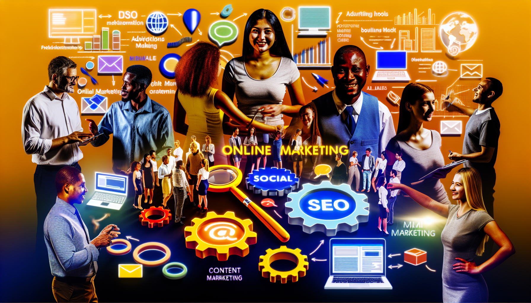 Erstellen Sie ein sorgfÃ¤ltig gestaltetes Bild, das die Werkzeuge und Techniken des Online-Marketings darstellt. Das Bild sollte lebendig und dynamisch sein. Es sollte eine Mischung aus moderner digitaler Technologie und traditionellen Marketingstrategien veranschaulichen. Visualisieren Sie Elemente wie SEO, soziale Medien, E-Mail-Marketing und Content-Marketing, integriert mit Werbetafeln, Visitenkarten, Newslettern usw. Stellen Sie auch den menschlichen Faktor dar, reprÃ¤sentiert durch eine vielfÃ¤ltige Gruppe von Menschen, die sich auf verschiedene Aspekte des Online-Marketings spezialisiert haben. Dazu gehÃ¶ren eine kaukasische SEO-Spezialistin, ein schwarzer mÃ¤nnlicher Social-Media-Marketing-Manager, eine mittelÃ¶stliche Content-Autorin und ein sÃ¼dasiatischer mÃ¤nnlicher E-Mail-Marketing-Manager, die aktiv in einer inklusiven, kreativen digitalen Marketingumgebung arbeiten.