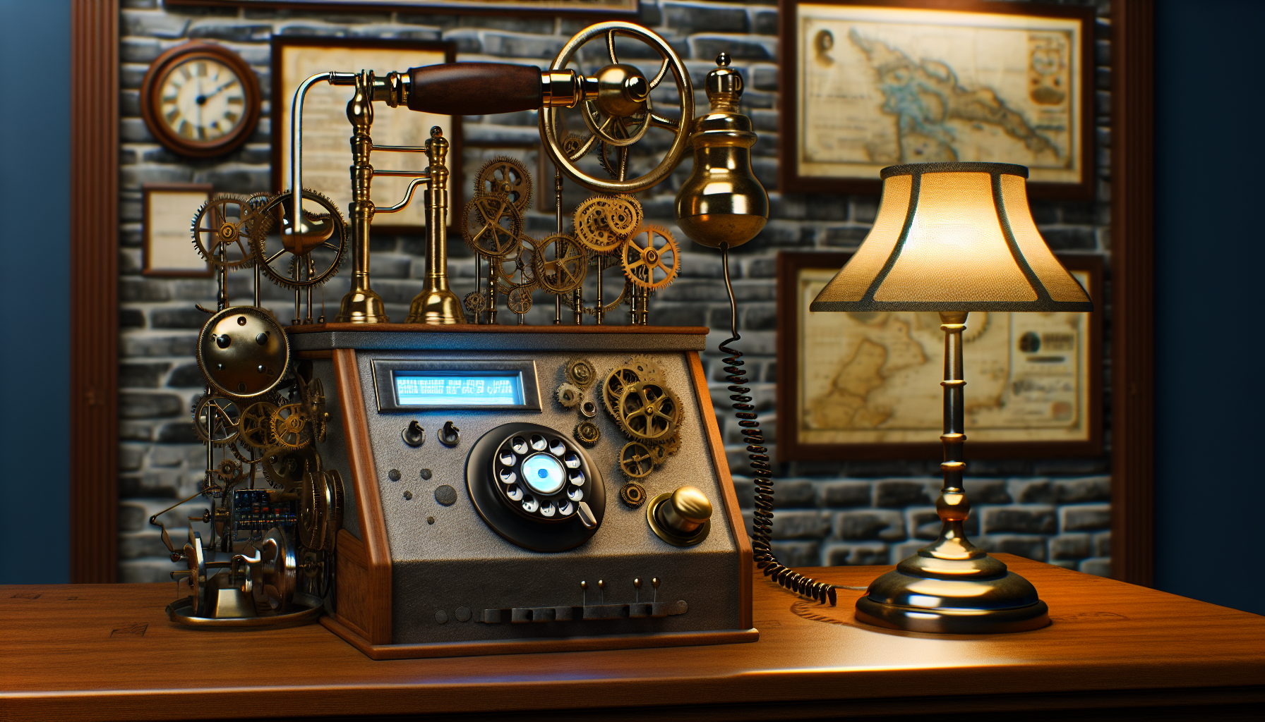 Eine digital programmierte Maschine, die Anrufe entgegennimmt und vorab aufgezeichnete Nachrichten liefert. Sie sollte als ein steampunk-inspiriertes Artefakt visualisiert werden, bestehend aus Zahnrädern, Zifferblättern, Uhren und Messgeräten, in einer Büroumgebung, die einen antiken Eichen-Schreibtisch und eine Messinglampe darauf umfasst. Ein vintage Telefonhörer wird von dem mechanischen Arm der Maschine gehalten, bereit, den nächsten Anruf entgegenzunehmen. Im Hintergrund sieht man eine Collage aus antiken Karten und Urkunden, die an einer Ziegelwand hängen. Die gesamte Beleuchtung der Szene sollte ein Gefühl von sanftem, weichem Licht hervorrufen, das die filigranen Teile der Maschine hervorhebt.