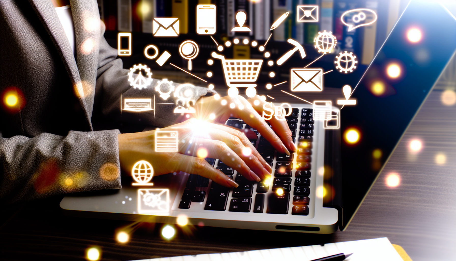 Gestalte ein Bild eines Online-Marketing-Konzepts. Es zeigt ein Paar Hände, die auf einem modernen Laptop tippen. Der Bildschirm zeigt einen Einkaufswagen, der mit Produkten gefüllt ist. Zwischen den Tasten der Tastatur sind einige Symbole verstreut, die E-Mail-Marketing, Social-Media-Beiträge, Blog-Schreiben, Suchmaschinen und SEO-Optimierungstools symbolisieren. Im Hintergrund sind verschiedene Dateien und Dokumente zu sehen, die auf Marketing-Datenanalysen hinweisen. Jedes Element hat einen leuchtenden Effekt, als würde es die Bedeutung jedes einzelnen im digitalen Marketingumfeld hervorheben.