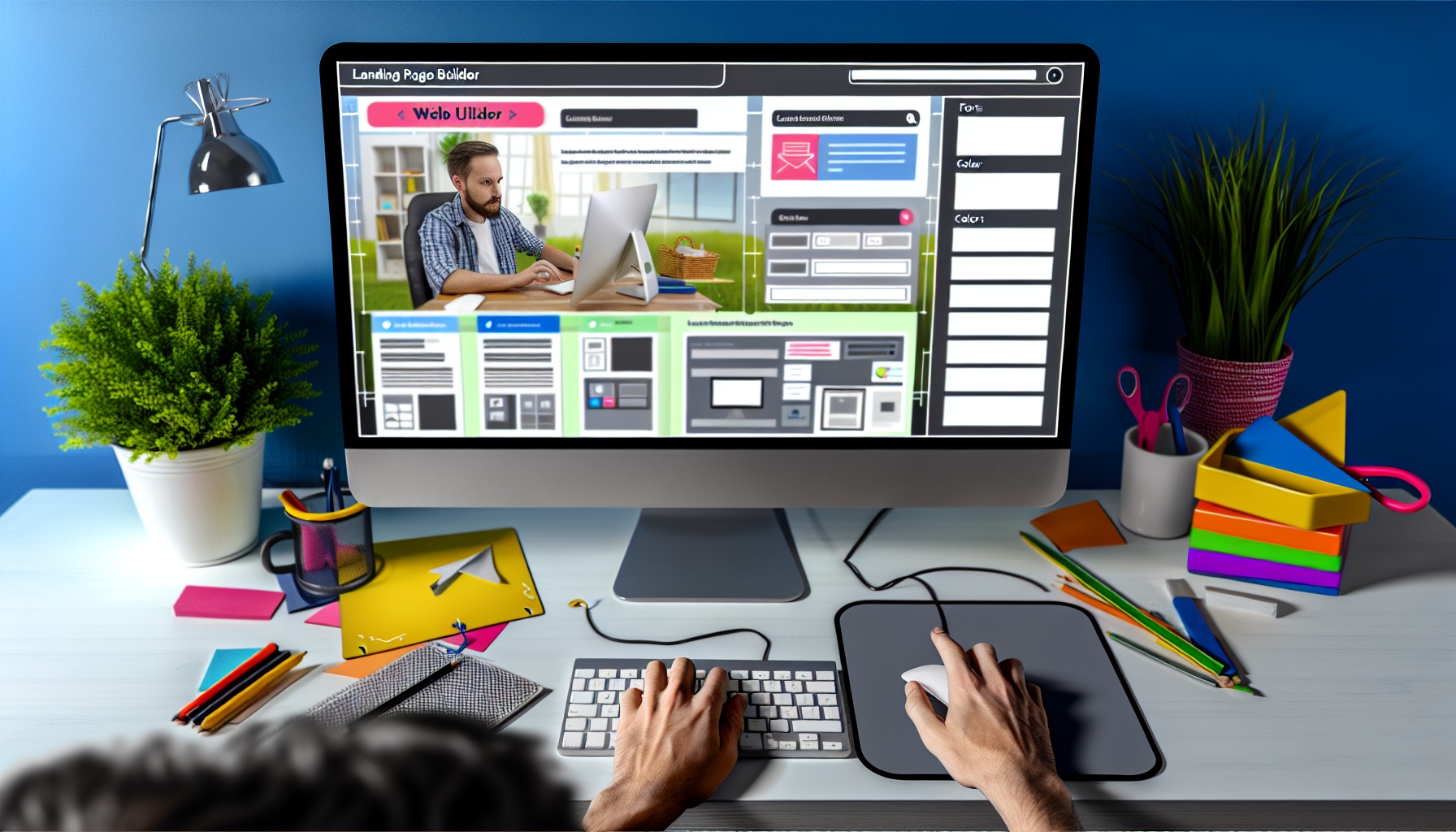 Ein Bild, das einen Landing-Page-Builder in Aktion zeigt. Es zeigt einen digitalen Arbeitsplatz auf einem Computerbildschirm, auf dem verschiedene Webdesign-Elemente wie Kopfzeilen, FuÃŸzeilen, Bilder und Textfelder bearbeitet werden. Ein kaukasischer Mann bedient den Builder virtuell, seine HÃ¤nde sind auf der Maus und der Tastatur zu sehen. Verschiedene Werkzeuge und Funktionen des Builders wie Schriftarten, Farben und Layout-Designs sind rund um den Arbeitsplatz angezeigt. BaukÃ¤sten, die verschiedene Abschnitte der Landing-Page reprÃ¤sentieren, sind an der Seite zu sehen. Im Hintergrund hinter dem Computer sind alltÃ¤gliche BÃ¼romaterialien wie Topfpflanzen, Schreibwaren und eine Kaffeetasse zu erkennen.
