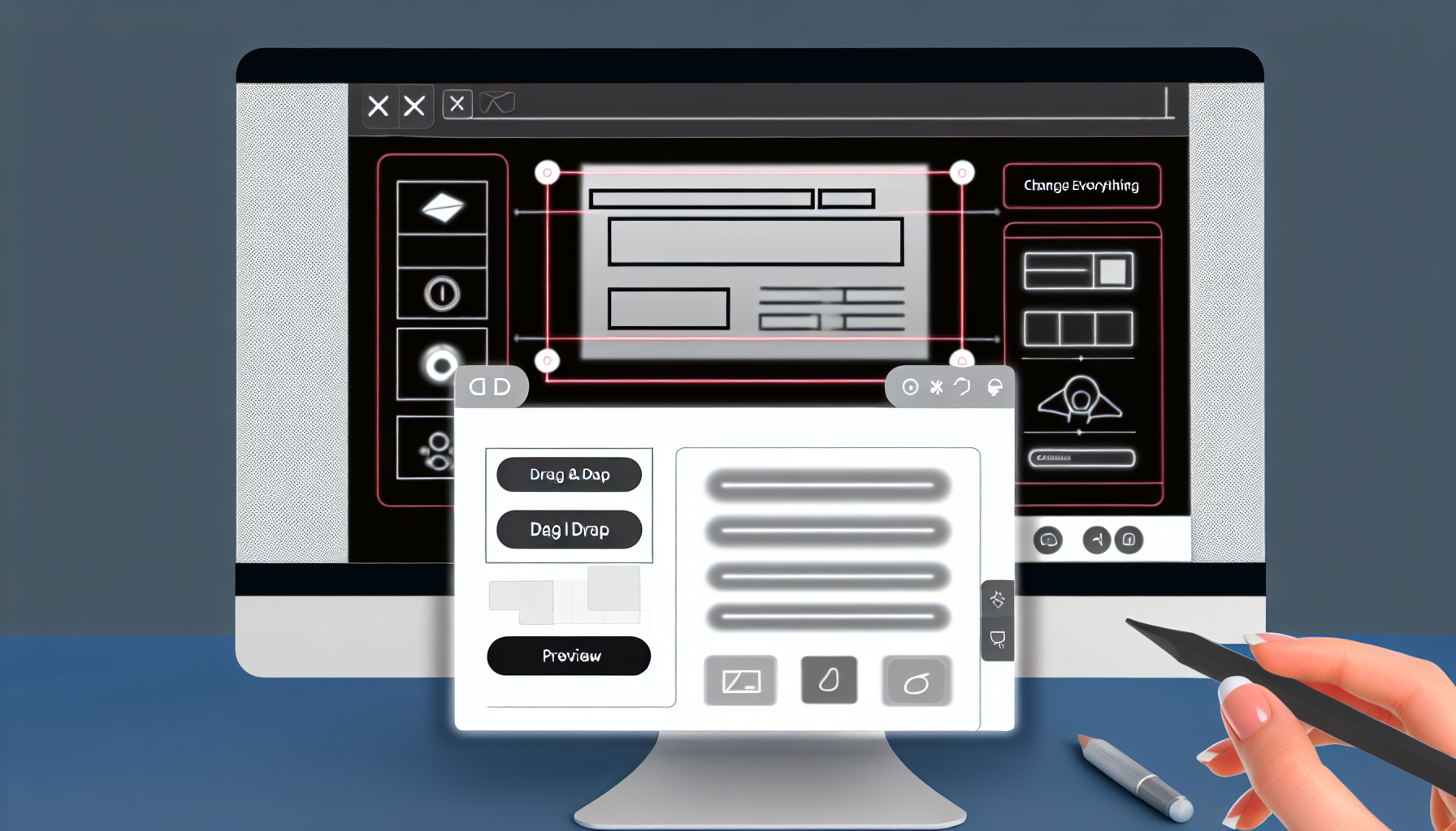 Stellen Sie sich ein digitales Tool vor, das einem Landing-Page-Builder ähnelt. In der Abbildung sollte die Software eine saubere, intuitive Benutzeroberfläche zeigen, in der Benutzer Elemente wie Textfelder, Bilder, Schaltflächen und Formulare per Drag-and-Drop anordnen können. Die Benutzeroberfläche könnte eine Menüleiste mit verschiedenen Optionen zur Anpassung der Website-Elemente haben, einschließlich der Möglichkeit, Schriftart, Farbe zu ändern oder Übergänge hinzuzufügen. Über allem sollte ein deutlich sichtbarer Vorschau-Button platziert sein, der eine finale, elegante und moderne Landing-Page auf einem Desktop-Bildschirm anzeigt.