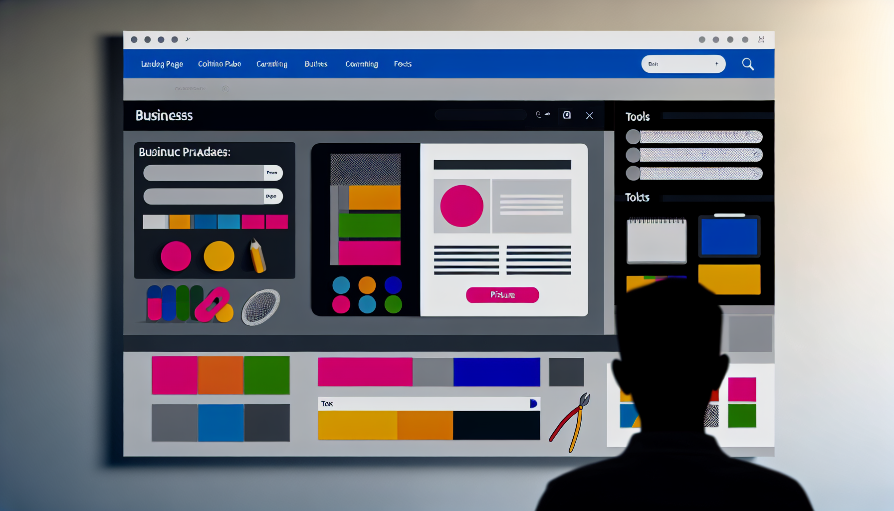 Stellen Sie sich eine BenutzeroberflÃ¤che fÃ¼r einen Online-Landing-Page-Builder vor. Sie sollte modern und benutzerfreundlich sein. Auf dem Bildschirm befindet sich der Arbeitsbereich, in dem Sie Elemente platzieren und anpassen kÃ¶nnen. Werkzeuge wie SchaltflÃ¤chen, Bilder, Formulare und Texte sind an der Seite verfÃ¼gbar. Das Farbschema besteht aus einer Mischung aus dunklen GrautÃ¶nen und hellen Farben, die in digitalen Designanwendungen Ã¼blich sind. Die Vorschau der Landing Page zeigt eine typische GeschÃ¤fts-Landing-Page mit einem weiÃŸen Hintergrund, lebendigen Grafiken und Platzhaltertext. Um Tiefe darzustellen, ist der Arbeitsbereich teilweise im Schatten. Ein anonymer Benutzer navigiert durch die verfÃ¼gbaren Werkzeuge.