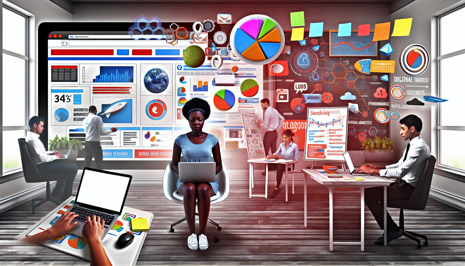 Eine detaillierte Szene, die verschiedene Aspekte des Online-Marketings zeigt. Visualisieren Sie einen groÃŸen Computerbildschirm, der eine lebendige Website mit verschiedenen Arten von digitalen Anzeigen zeigt. In der NÃ¤he arbeitet eine schwarze Frau fleiÃŸig an ihrem Laptop und analysiert die Verkehrsdaten und Leistungsanalysen auf einem ansprechenden Balkendiagramm und einem Tortendiagramm. Auf der anderen Seite plant ein hispanischer Mann eine Social-Media-Strategie an einem Whiteboard, das mit bunten Haftnotizen gefÃ¼llt ist. Im Hintergrund wird eine E-Mail-Marketingkampagne von einer Frau aus dem Nahen Osten auf ihrem Tablet entworfen. Der Raum ist erfÃ¼llt vom Summen der ProduktivitÃ¤t, das das kontinuierliche Wachstum und die Evolution des digitalen Marketings symbolisiert.