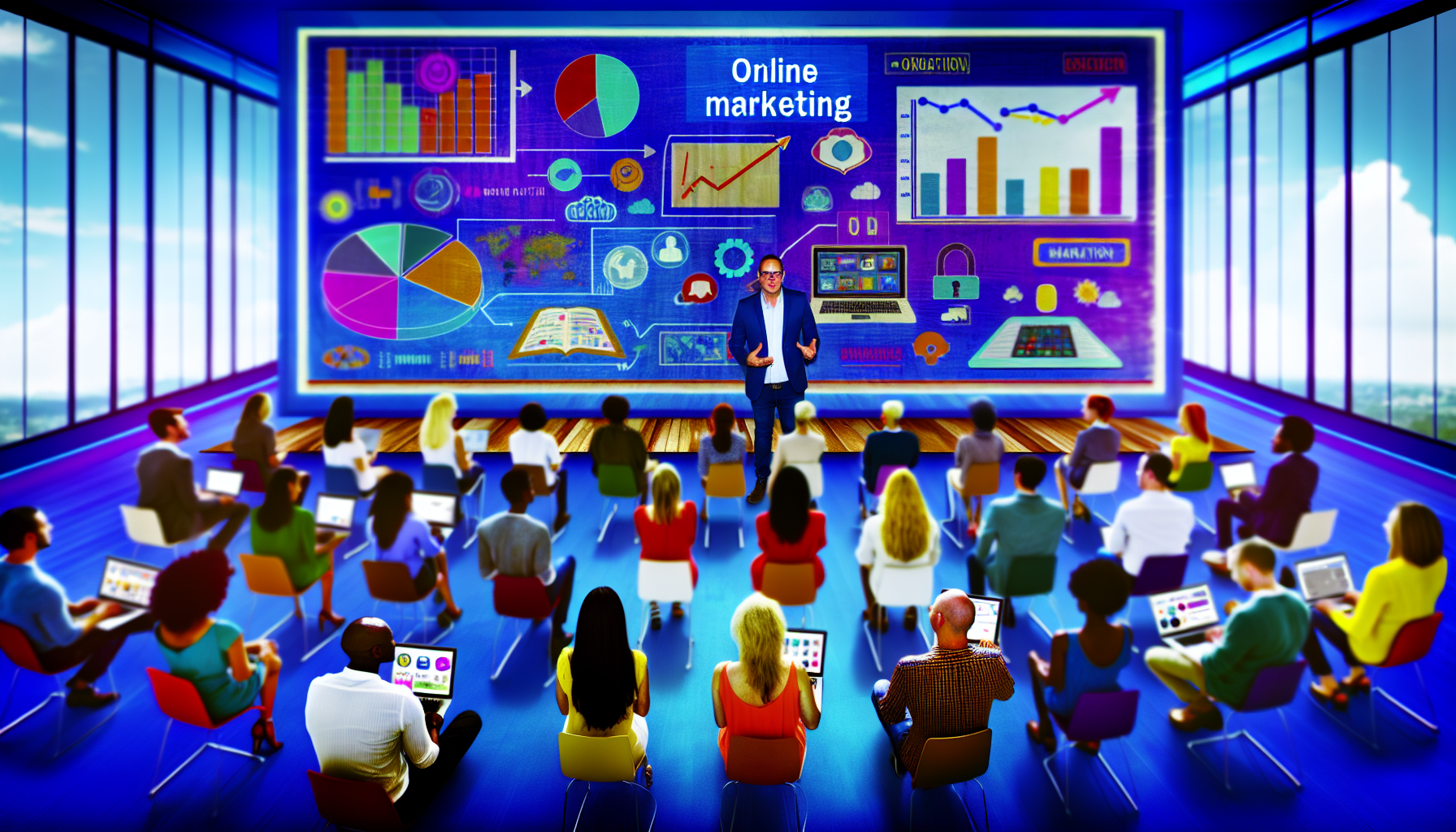 Stellen Sie sich ein dynamisches Online-Marketing-Szenario vor. Eine Gruppe von Menschen unterschiedlicher Herkunft, darunter Kaukasier, Asiaten, Afrikaner und Hispanics, arbeitet gemeinsam in einem lebhaften, bluesy-tech-inspirierten modernen Büro. Auf einem großen Bildschirm überwachen sie die Leistung verschiedener Marketingkampagnen, die durch bunte Diagramme und Grafiken dargestellt werden. Eine Vielzahl von Geräten wie Laptops, Tablets und Mobiltelefonen zeigt verschiedene Social-Media-Apps und E-Commerce-Seiten. Der Geist von Zusammenarbeit, Innovation und Kreativität durchdringt ihre Bestrebungen, herausragende Ergebnisse im Online-Marketing zu erzielen.