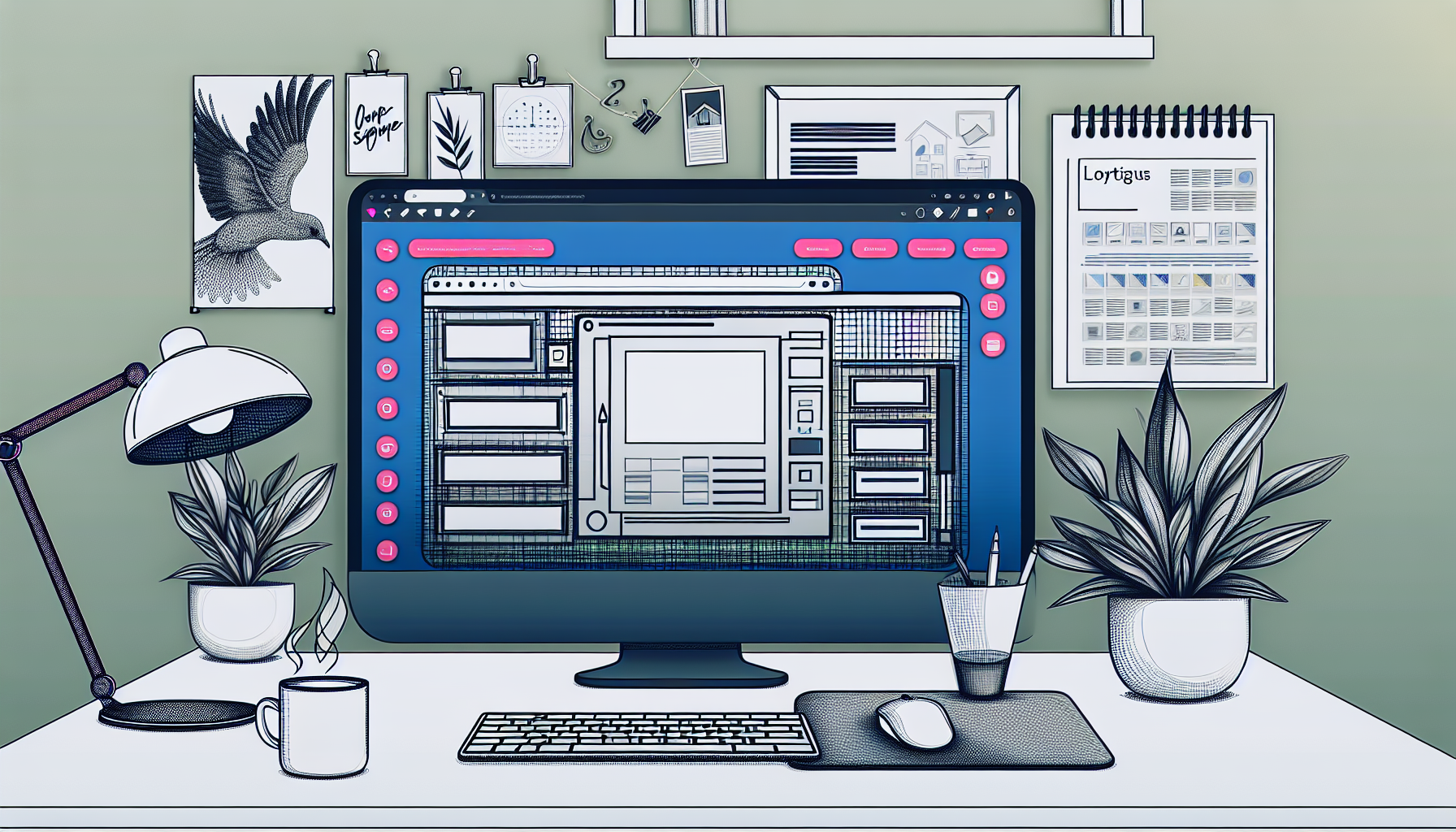 Eine komplexe digitale Illustration einer Benutzeroberfläche, die einen Landing Page Builder zeigt. Das Bild zeigt einen großen Monitor auf einem minimalistischen Schreibtisch, auf dem die Builder-Software geöffnet ist. Auf dem Bildschirm sind verschiedene Grafikdesign-Tools, Vorlagen und Layout-Optionen zu sehen, um eine individuelle Landing Page zu erstellen. Hinter dem Schreibtisch hängt an der Wand ein Kalender und einige inspirierende Poster. Eine Pflanze fügt einen Hauch von Grün hinzu, und eine Kaffeetasse steht in der Nähe der Tastatur, was auf eine Arbeitsumgebung hinweist.