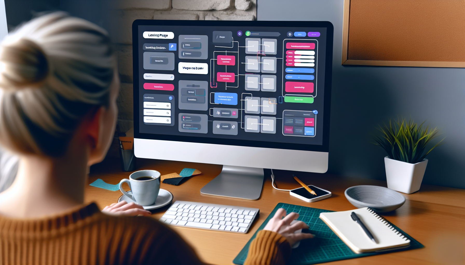 Ein Bild, das einen Landing Page Builder in Aktion zeigt. Der Arbeitsplatz auf einem Computerbildschirm, mit einer Mischung aus bearbeitbaren Feldern und vorgefertigten Elementen, um eine benutzerfreundliche OberflÃ¤che zu erstellen. Auf dem Monitor sollten Drag-and-Drop-Funktionen, Anpassungen der Themenfarbe und einige geÃ¶ffnete Tabs zum Importieren von Bildern zu sehen sein. Eine kaukasische Frau arbeitet fleiÃŸig vor dem Bildschirm und navigiert mit ihrer Maus durch die vielfÃ¤ltigen Funktionen, die zur VerfÃ¼gung stehen. Sie sitzt in einem bequemen BÃ¼rostuhl, umgeben von NotizbÃ¼chern, einem Stift und einer heiÃŸen Tasse Kaffee. Die AtmosphÃ¤re ist geschÃ¤ftig und kreativ.