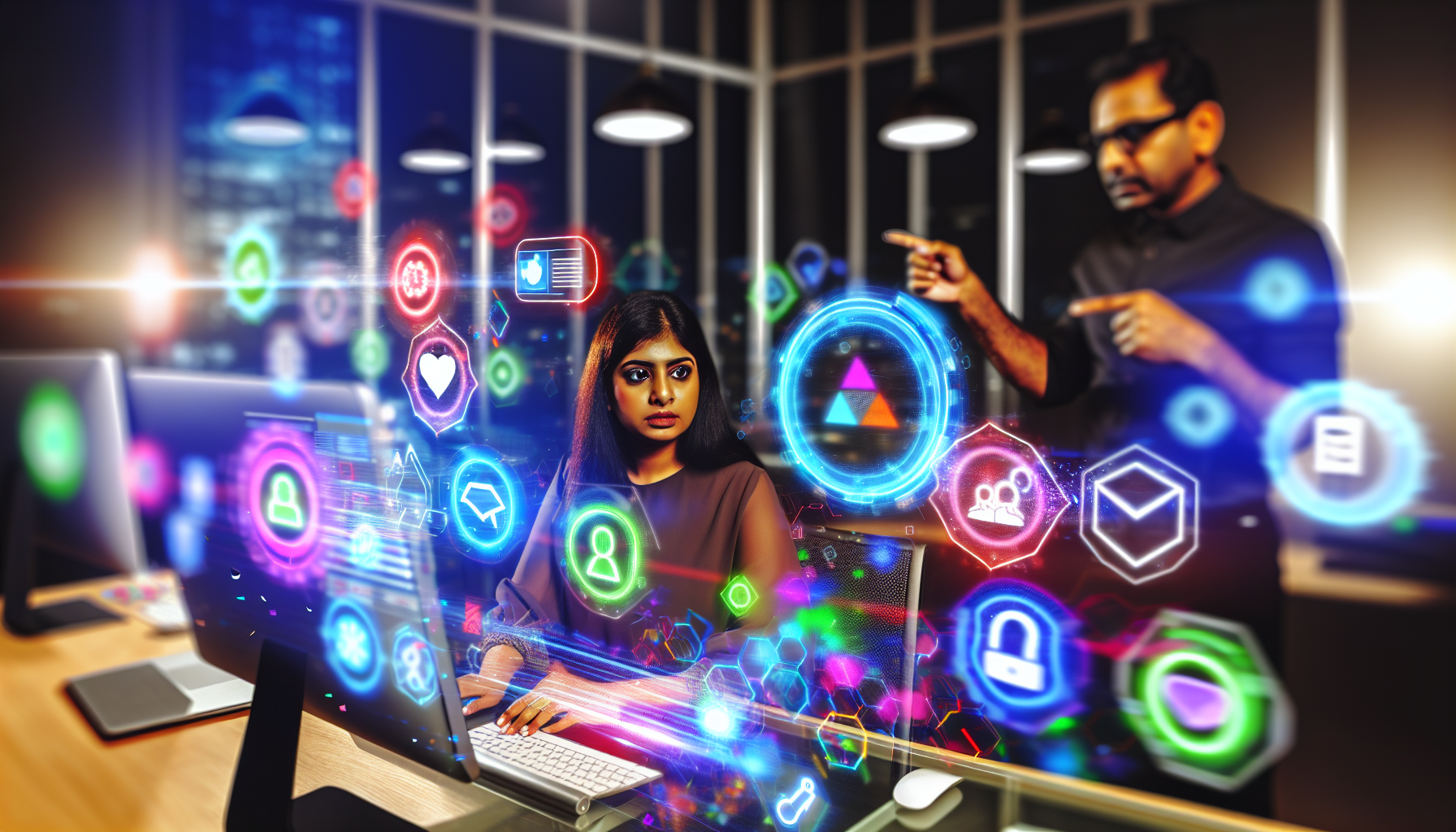 Stellen Sie sich eine lebendige Szene vor, die Online-Marketing symbolisiert. Die Szene zeigt eine junge sÃ¼dasiatische Frau, die an einem eleganten Glastisch sitzt. Sie ist intensiv auf ihren modernen, hochmodernen Computerbildschirm konzentriert, auf dem bunt gestaltete Grafiken und Diagramme angezeigt werden, die digitale Trends darstellen. Um sie herum schweben holografische Symbole, die verschiedene digitale Werkzeuge reprÃ¤sentieren, wie soziale Medien, E-Mails, Symbole fÃ¼r Suchmaschinenoptimierung und Online-Einkaufswagen. AuÃŸerdem steht ein nahestehender Mann aus dem Nahen Osten neben ihr, der mit ihr zusammenarbeitet, auf den Computerbildschirm zeigt und ein digitales Tablet hÃ¤lt, das zusÃ¤tzliche Daten anzeigt. Der Raum ist mit einer hochmodernen AtmosphÃ¤re gefÃ¼llt und hell erleuchtet.