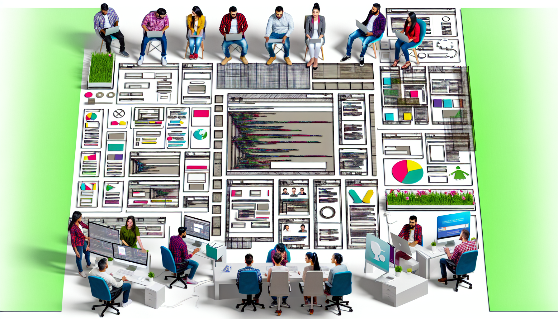Eine panoramische und detaillierte Illustration, die mehrere zufällig angeordnete Schichten des Aufbaus einer Website-Startseite zeigt. Verschiedene Abschnitte des Arbeitsprozesses sind dargestellt: Einige Entwickler sind zu sehen, die an ihren Computern programmieren; einige Designer visualisieren das Layout mit Wireframes und Farbpaletten; eine Gruppe von Männern und Frauen aus dem Nahen Osten und dem Kaukasus brainstormt Ideen; schließlich wird eine südasiatische Frau gezeigt, die letzte Überprüfungen der fertigen Landing Page durchführt. Die gesamte Szene strahlt ein Gefühl von Kreativität und technischer Präzision aus.