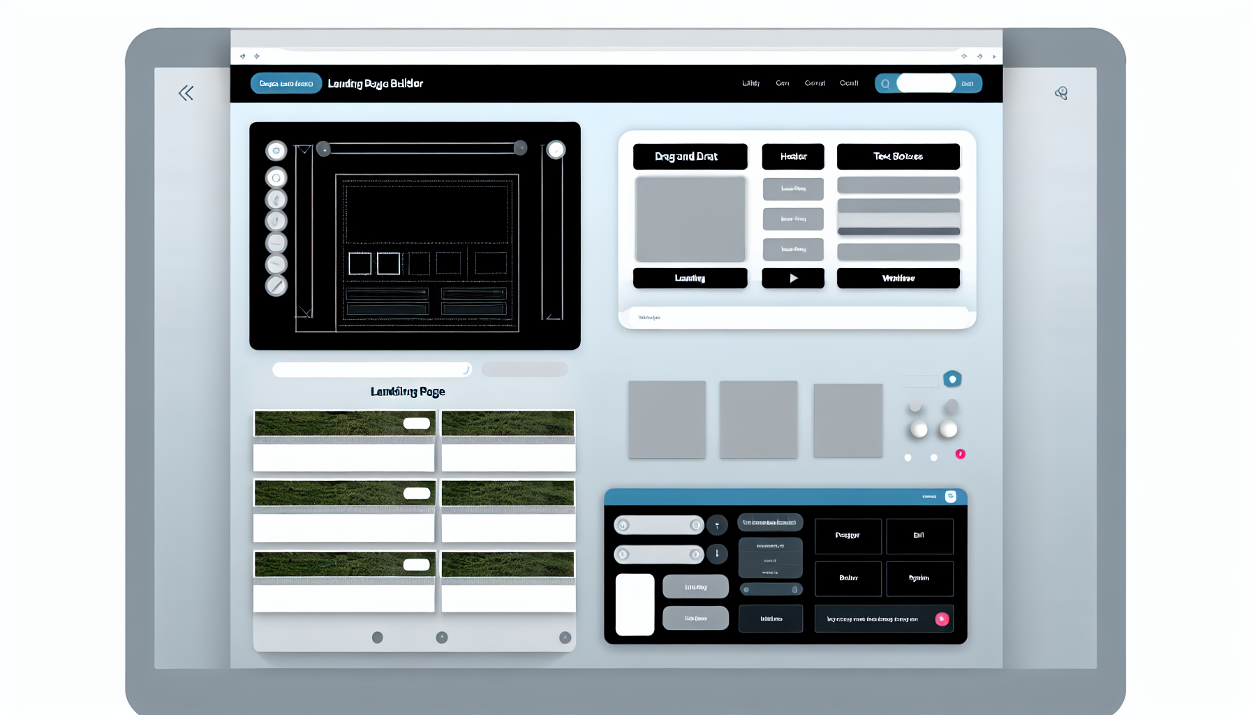 Erstellen Sie ein Bild einer digitalen BenutzeroberflÃ¤che, die eine Landing Page Builder-Software zeigt. Der Landing Page Builder sollte benutzerfreundlich mit einem klaren, einfachen Layout sein. Er sollte Drag-and-Drop-Elemente wie Vorlagen, Kopfzeilen, Bildplatzhalter, Textfelder und SchaltflÃ¤chen auf der linken Seite des Bildschirms enthalten. Die rechte Seite sollte eine Vorschau der gerade erstellten Landing Page anzeigen. Das gesamte Farbschema sollte neutral sein, mit einer Palette aus GrautÃ¶nen und Blau fÃ¼r den Kontrast. Integrieren Sie auch einige Miniaturansichten von vorgefertigten Landing Pages zur Inspiration der Benutzer.