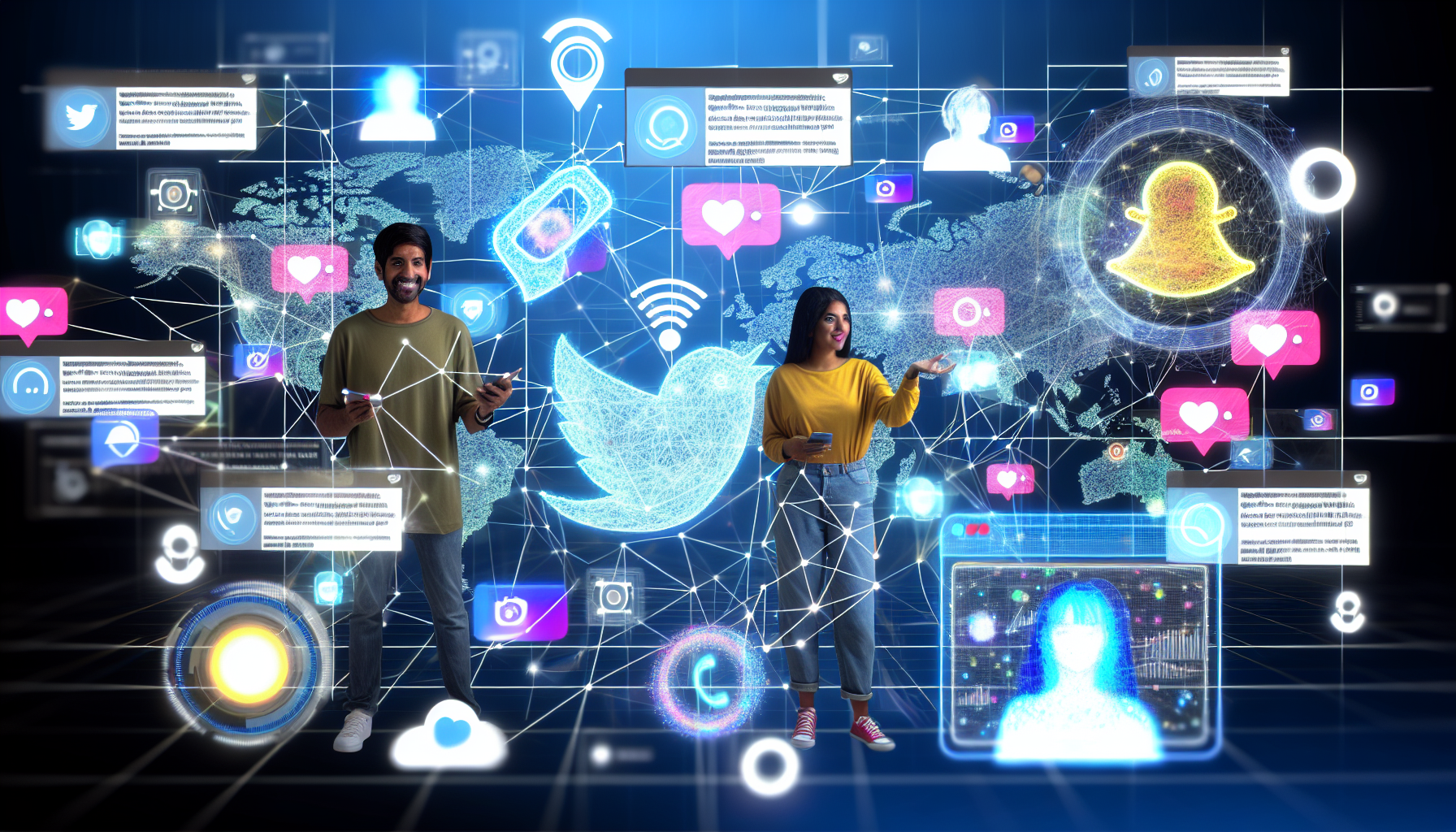 Eine geschÃ¤ftige Online-Marketing-Szene im digitalen Bereich. Es gibt Drahtgitter-Illustrationen beliebter sozialer Medienplattformen, wie ein Vogelsymbol fÃ¼r eine Mikroblogging-Seite und ein Kamerasymbol fÃ¼r eine Bildsharing-Seite. Ein sÃ¼dasianischer Mann und eine hispanische Frau, beide Fachleute, analysieren Daten auf groÃŸen holografischen Bildschirmen, die Echtzeitanalysen, trendende Hashtags und Engagement-Metriken anzeigen. Um sie herum schweben zahlreiche virtuelle Symbole, Pop-ups und digitale Wolken, die einen stÃ¤ndigen Zustrom von Webinhalten symbolisieren.