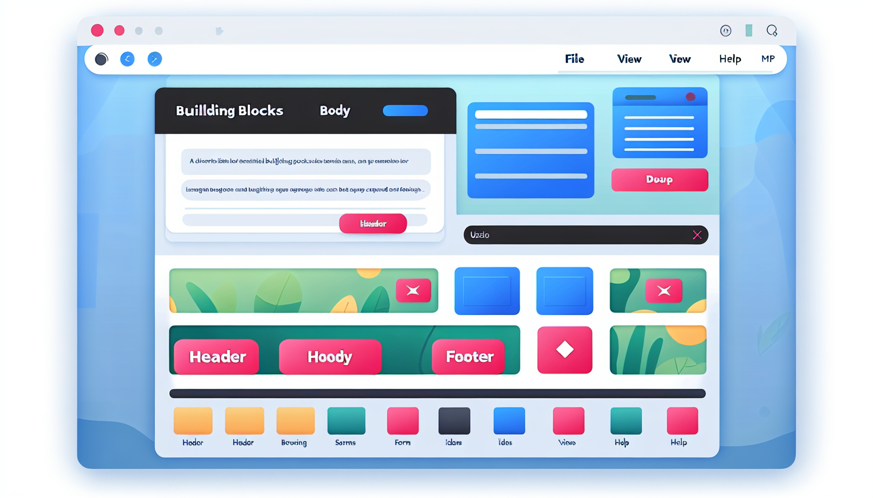 Illustration einer digitalen Benutzeroberfläche einer Landing Page Builder-Software. Der Bildschirm zeigt verschiedene Bausteine wie Kopfzeile, Hauptinhalt und Fußzeile. Es gibt eine vielfältige Bibliothek von Elementen wie Schaltflächen, Formularen, Bildern oder Videos, die per Drag-and-Drop hinzugefügt werden können. Die Software verfügt auch über eine Menüleiste mit Optionen wie Datei, Ansicht und Hilfe. Das Design spiegelt die neuesten Trends in der Benutzeroberfläche wider, wie minimalistisches Design, lebendige Farben und sanfte Formen. Außerdem ist eine Vorschau einer hypothetischen Landing Page zu sehen, die gerade gestaltet wird.