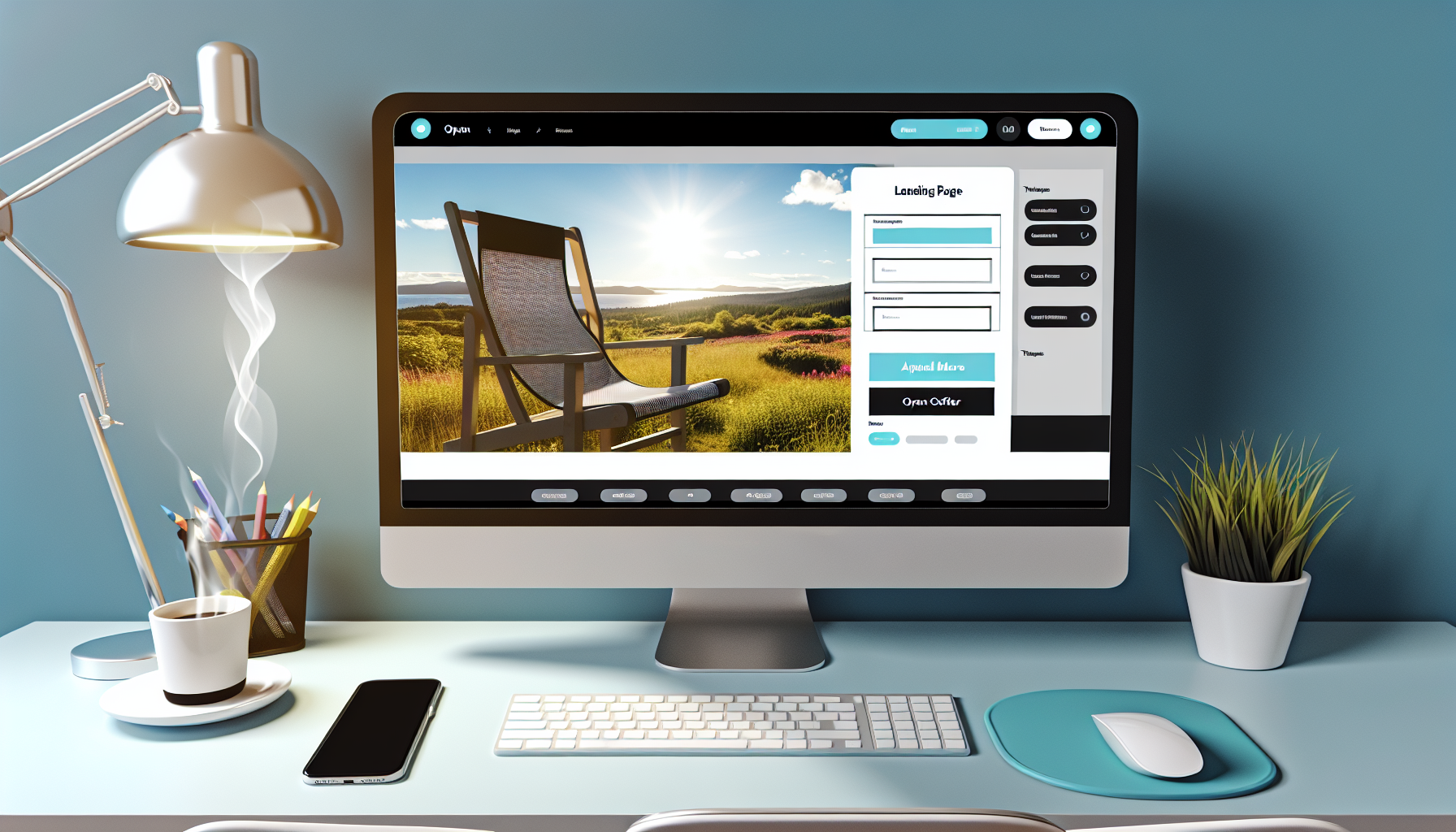 Visualisieren Sie eine digitale BenutzeroberflÃ¤che fÃ¼r einen Landing Page Builder. Die offene Software wird auf einem eleganten, modernen Desktop-Computerbildschirm angezeigt. Die BenutzeroberflÃ¤che umfasst Drag-and-Drop-Funktionen sowie SchaltflÃ¤chen zur Anpassung mit verschiedenen Optionen wie Schriftarten oder Farben. Es gibt bereits Vorlagen im System mit unterschiedlichen Stilen. In einer Ecke des Bildschirms befindet sich eine fertige Beispiel-Landing-Page, die eine sonnige AuÃŸenszene zeigt, als Vorschau. In der NÃ¤he steht ein bequemer BÃ¼rostuhl und ein organisierter Schreibtisch mit einer stilvollen Lampe. Eine Tasse heiÃŸer Kaffee dampft sanft in der einladenden AtmosphÃ¤re des Settings.
