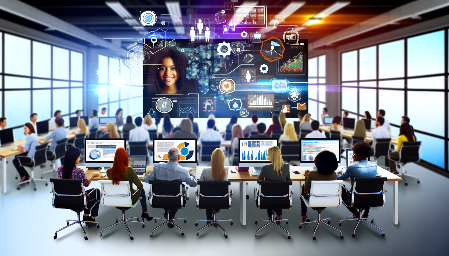 Erstellen Sie ein Bild, das das Konzept des Online-Marketings darstellt. Dies sollte eine vielfältige Gruppe von Menschen zeigen, die in einem offenen Büro mit moderner Technologie wie Computern und digitalen Bildschirmen sitzen. Die Menschen haben unterschiedliche Abstammungen: kaukasisch, hispanisch, nahöstlich, südasiatisch und schwarz, und interagieren dynamisch miteinander. Auf ihren Bildschirmen sind auch Infografiken und Diagramme zu sehen, die Datenanalyse und Strategie symbolisieren. Die Atmosphäre ist lebhaft und geprägt von Kreativität und Innovation.