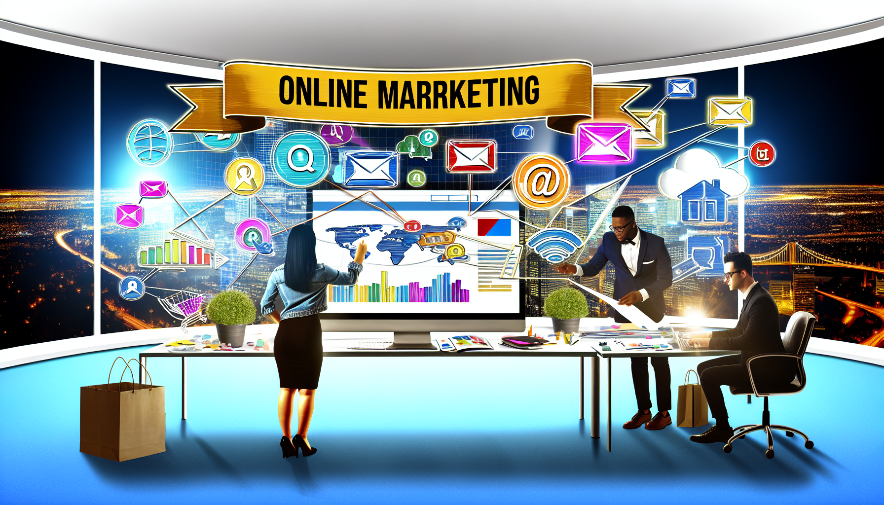 Stellen Sie sich ein lebendiges digitales Szenario vor, das das Wesen des Online-Marketings einfängt. Es gibt eine Website mit bunten Infografiken, während soziale Medien-Logos in der Nähe schweben. E-Mail-Icons symbolisieren Newsletter, und ein virtueller Einkaufswagen ist voller Produkte. Eine asiatische Marketingexpertin analysiert diese Elemente auf einem großen Computerbildschirm, während ein schwarzer Kollege ihr mit einigen Unterlagen zur Seite steht. Die Umgebung ist ein modernes, gut beleuchtetes Büro mit einem Panoramafenster, das einen geschäftigen Stadtblick bietet. Oben prangt ein Banner mit der Aufschrift 'Online Marketing' in fetter, moderner Schriftart.