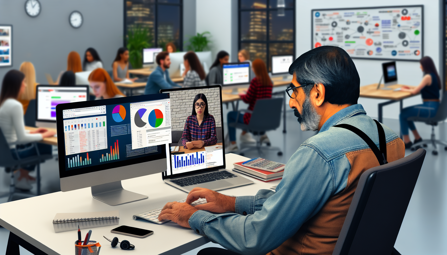 Eine geschäftige Online-Marketing-Szene, die das digitale Zeitalter zeigt. Im Vordergrund sitzt ein mittelalter Mann aus dem Nahen Osten an einem Schreibtisch, tippt auf einer Tastatur und wechselt zwischen mehreren Tabs auf dem Computer. Der Bildschirm zeigt verschiedene Balken- und Tortendiagramme. Neben ihm führt eine junge kaukasische Frau einen Videoanruf mit Kunden über ihr Laptop und erklärt Strategien. Im Hintergrund ist ein Großraumbüro zu sehen, in dem diverse Teams von Fachleuten an verschiedenen Aufgaben arbeiten, wie Brainstorming, Inhaltserstellung und SEO-Optimierung. Die Atmosphäre ist lebhaft und pulsierend mit Energie.