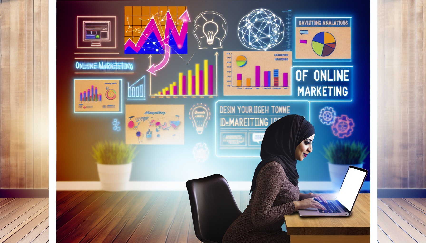 Erstellen Sie ein Bild, das das Konzept des Online-Marketings darstellt. Visualisieren Sie eine Frau aus dem Nahen Osten, die in einem hell erleuchteten Raum an einem Laptop sitzt und eine lebendige und ansprechende Website gestaltet. Auf ihrem Desktop-Bildschirm sollten grafische Darstellungen von Wachstumsdiagrammen und Datenanalysen zu sehen sein, um den Anstieg der digitalen Werbetrends zu verdeutlichen. Im Hintergrund fügen wir eine Wand hinzu, die mit einigen Marketing- und Motivationspostern geschmückt ist, um einen Hauch von Inspiration zu vermitteln. Das gesamte Bild sollte das Wesen des digitalen Zeitalters und die Auswirkungen des Online-Marketings einfangen.