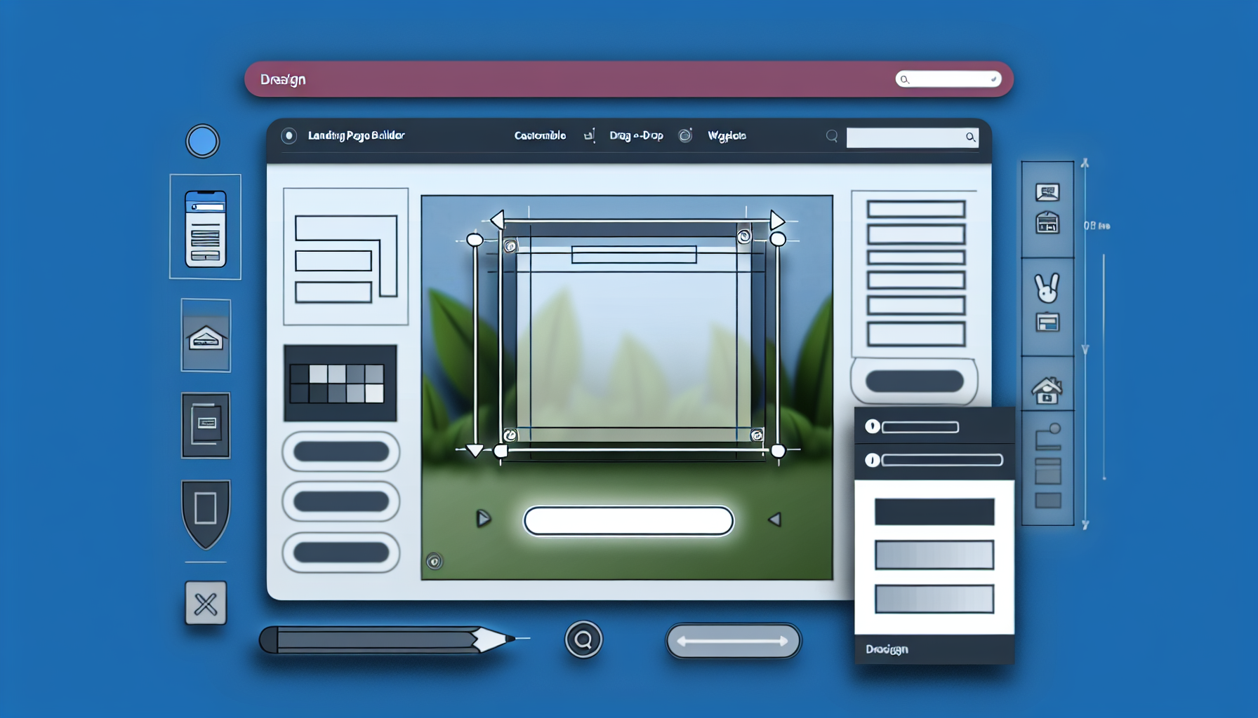 Ein digitales Design, das eine Benutzeroberfläche für einen Landing Page Builder veranschaulicht. In diesem Bild sind Elemente wie anpassbare Vorlagen, Drag-and-Drop-Funktionen sowie eine Vielzahl von Schaltflächen und Widgets sichtbar. Eine Vorschau einer teilweise gestalteten Landing Page ist innerhalb des Builders zu sehen. Außerdem gibt es Optionen zur Anpassung von Farben, Typografie und Layout-Anordnungen.