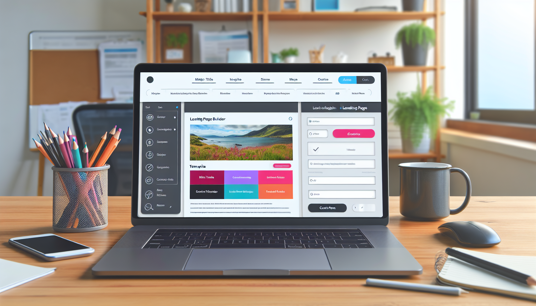 Ein Landing-Page-Builder wird auf dem Bildschirm eines modernen Laptops angezeigt. Die Benutzeroberfläche der Software zeigt eine Vielzahl von Werkzeugen, die jeweils unterschiedliche Funktionen bieten, wie Textbearbeitung, Bildimport, Vorlagenauswahl und Auswahlkästchen. An der Seite befindet sich ein schön gestaltetes Beispiel für eine Landing-Page, das einen Haupttitel, eine Unterüberschrift, auffällige Grafiken, ein Kontaktformular und Handlungsaufforderungen enthält. Im Hintergrund sieht man den Arbeitsplatz mit einem Holztisch, Schreibwaren, einer Kaffeetasse und einer Topfpflanze. Insgesamt zeigt die Szene ein effektives und benutzerfreundliches digitales Werkzeug, das bei der Erstellung von Webseiten hilft.