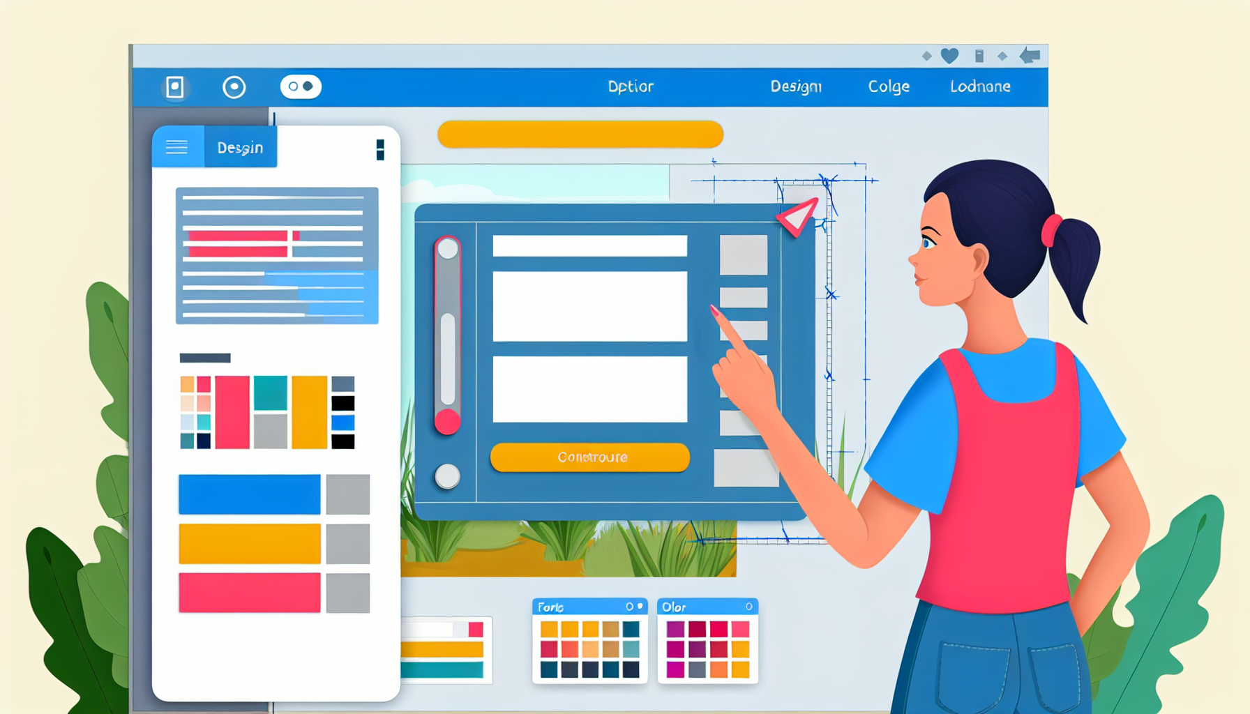 Illustration eines interaktiven Landing Page Builders: Die digitale Benutzeroberfläche zeigt ein Steuerfeld mit verschiedenen Designoptionen wie Schriftarten, Farbpaletten und Bild-Uploads auf einer Seite. Auf der anderen Seite wird die Echtzeitvorschau einer im Aufbau befindlichen Landing Page angezeigt. Die Seite sollte ein Website-Banner, eine Navigationsleiste und Platzhalter für Text und Bilder enthalten. Eine kaukasische Designerin ist aktiv dabei, die Einstellungen im Steuerfeld anzupassen, was die Vielfalt der Tech-Branche widerspiegelt. Der Raum sollte gleichmäßig genutzt werden, und die Farben sollten lebhaft und ansprechend sein.