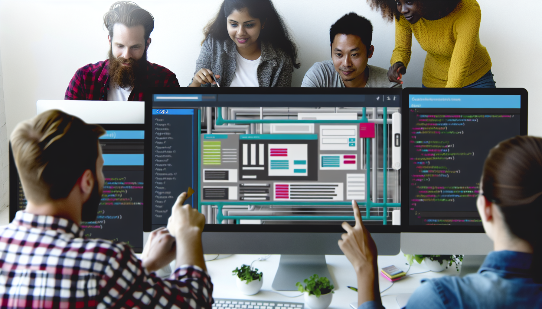 Erstellen Sie ein Bild, das den Prozess eines digitalen Werkzeugs, eines Landing Page Builders, veranschaulicht. Visualisieren Sie eine multikulturelle Gruppe von Menschen, die eine Vielzahl von Geschlechtern und Abstammungen umfasst – einen kaukasischen männlichen Designer, eine südasiatische weibliche Webentwicklerin und einen hispanischen geschlechtsneutralen Grafikdesigner, die alle zusammenarbeiten und Bildschirme teilen, um den Prozess der Webentwicklung zu demonstrieren. Der Bildschirm sollte den Übergang von Code zu einer vollständig gestalteten und strukturierten Landing Page hervorheben. Zeigen Sie eine Vielzahl von Elementen, die Formulare, Bilder, Schaltflächen und Textlayouts umfassen, die sorgfältig bearbeitet und platziert werden. Halten Sie den Hintergrund sauber, um sich auf die Aktion zu konzentrieren.